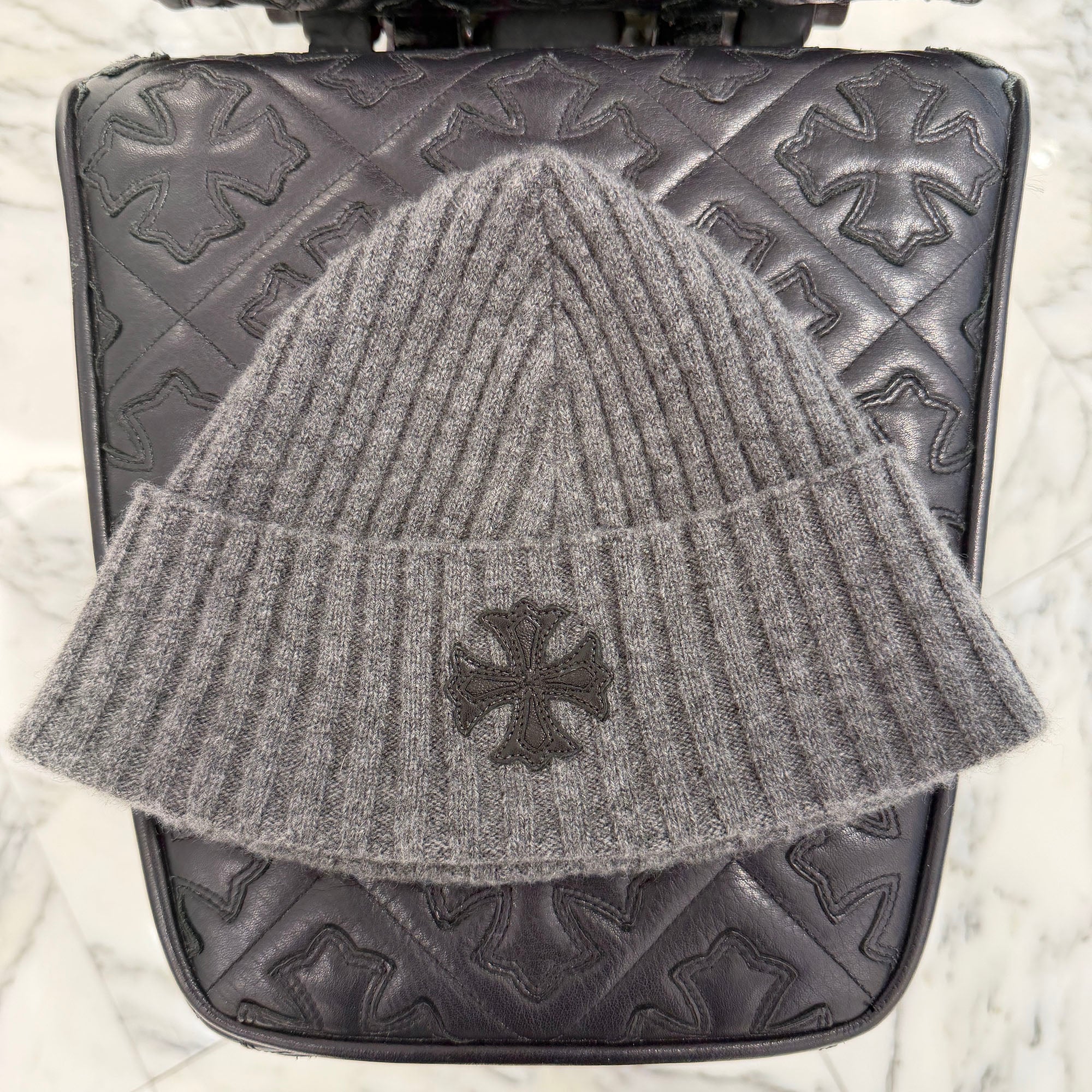 CHROME HEARTS Cashmere 1 Cross Leather Patch Beanie Size ONE SIZE (53-60) クロムハーツ カシミヤ 1 クロス レザーパッチ ビーニー サイズONE SIZE (53-60)