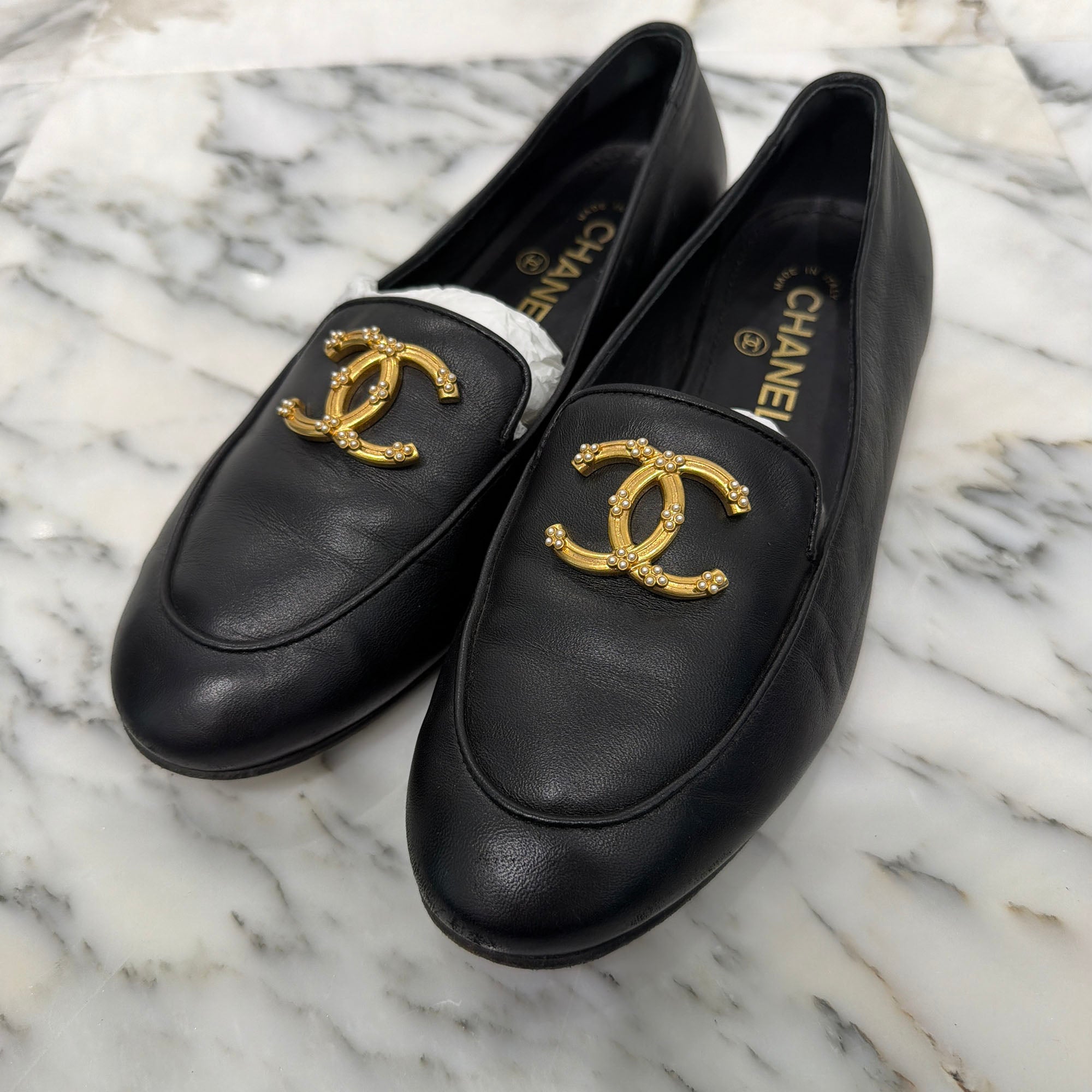 CHANEL CoCo Mark Pearl Leather Pumps G35894 Size 38C (約24.0cm