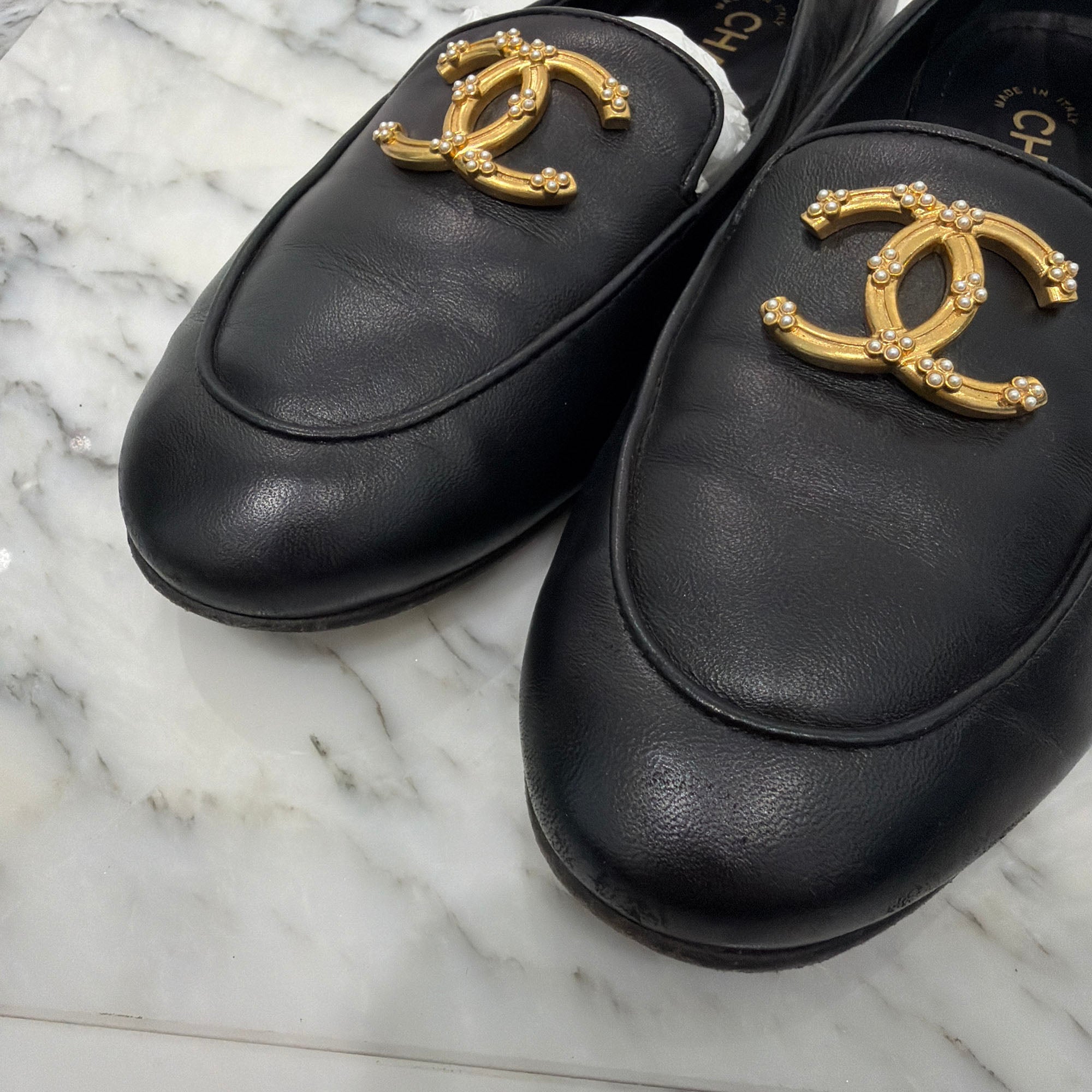 CHANEL CoCo Mark Pearl Leather Pumps G35894 Size 38C (約24.0cm