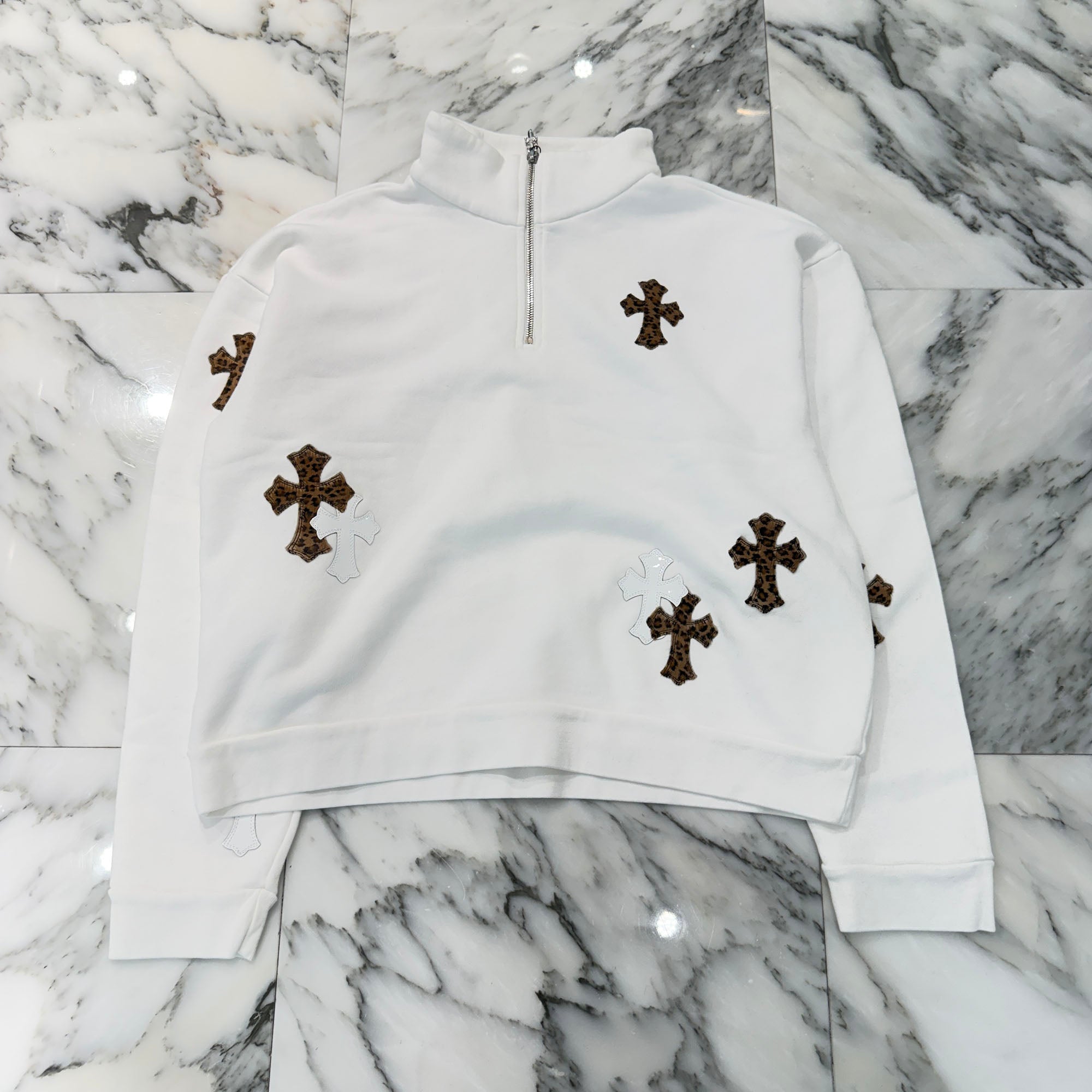 CHROME HEARTS Y NOT Multi Leather Cross Patch Half Zip Up Sweatshirt Size M クロムハーツ ワイノット マルチレザークロスパッチ ハーフ ジップアップ スウェットシャツ サイズM