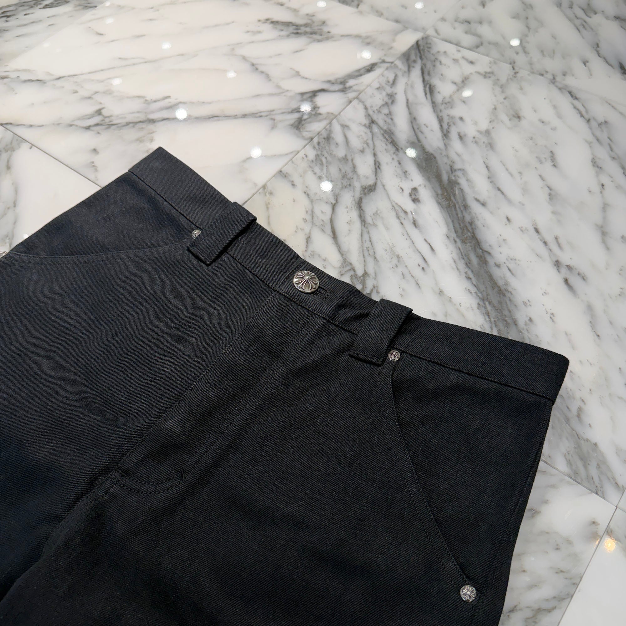 CHROME HEARTS Ankle Straps Cross Ball Button Wide Leg Denim Pants Size 32 クロムハーツ アンクルストラップ クロスボールボタン ワイドレッグ デニムパンツ サイズ32
