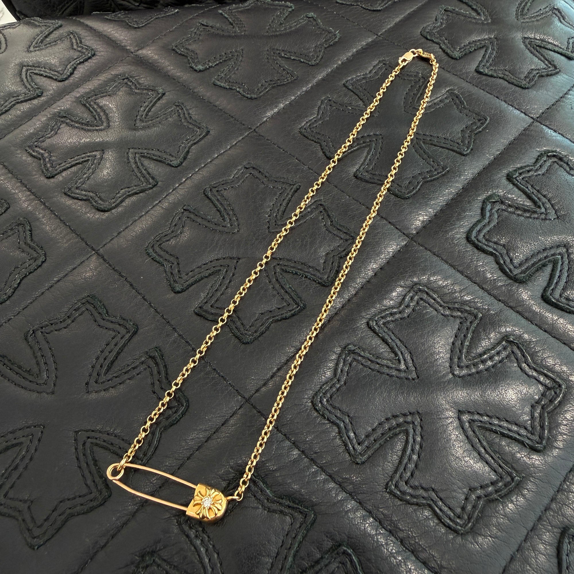 CHROME HEARTS 22K Safety Pin 1 Diamond Roll Chain Necklace Size 16 Inch クロムハーツ 22K セーフティピン 1ダイヤモンド ロールチェーン ネックレス 16インチ