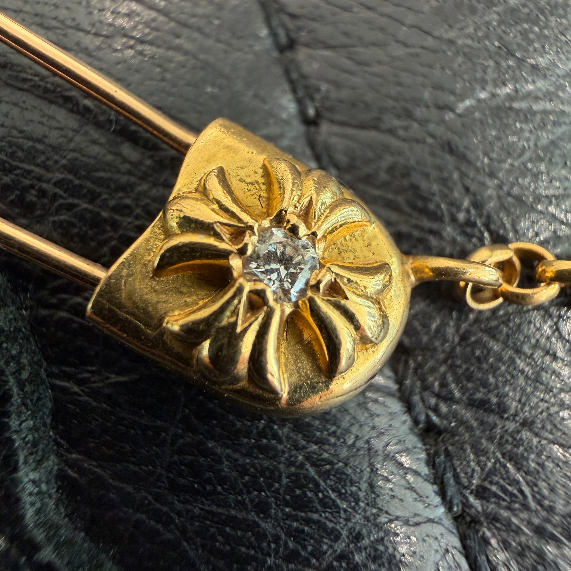 CHROME HEARTS 22K Safety Pin 1 Diamond Roll Chain Necklace Size 16 Inch クロムハーツ 22K セーフティピン 1ダイヤモンド ロールチェーン ネックレス 16インチ