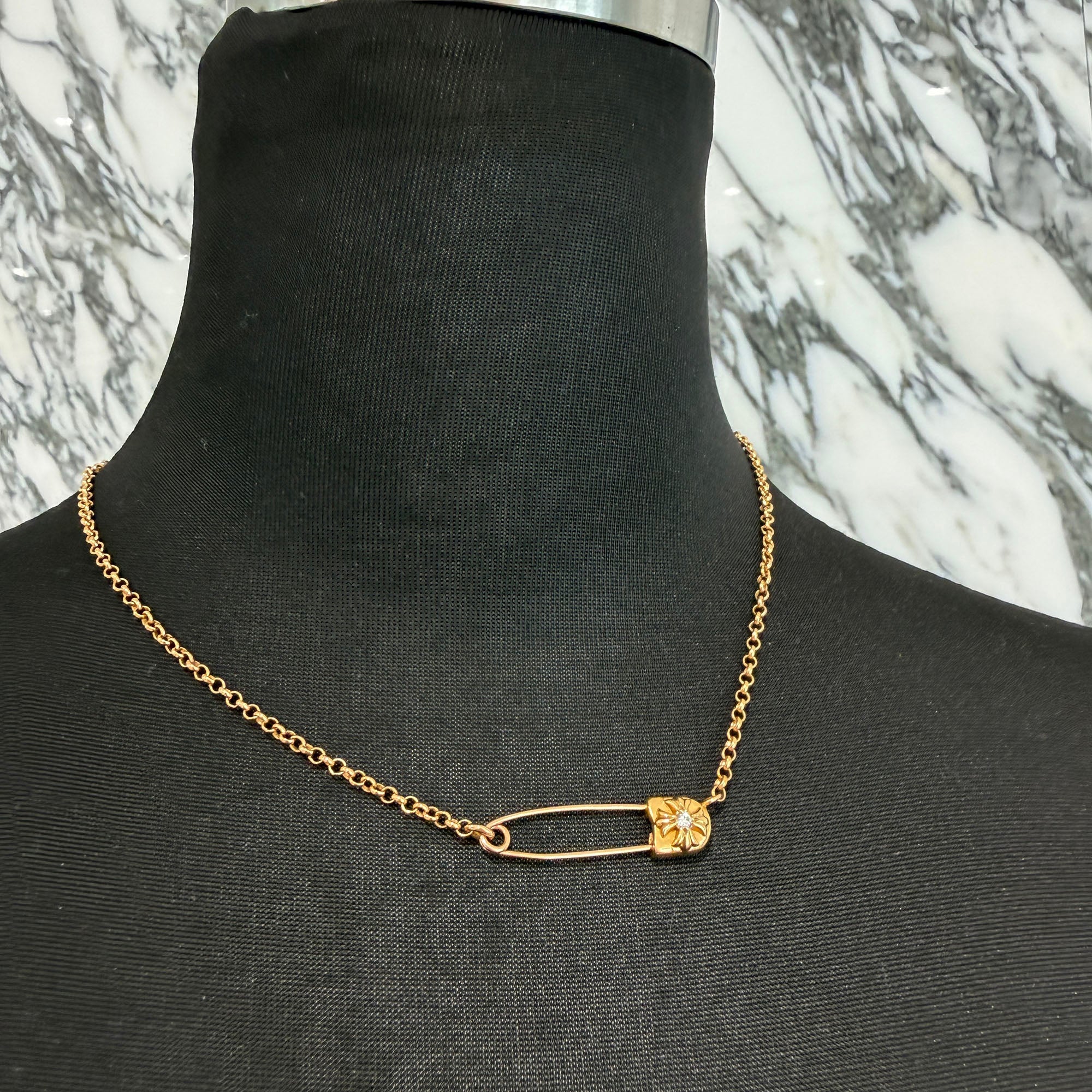 CHROME HEARTS 22K Safety Pin 1 Diamond Roll Chain Necklace Size 16 Inch クロムハーツ 22K セーフティピン 1ダイヤモンド ロールチェーン ネックレス 16インチ