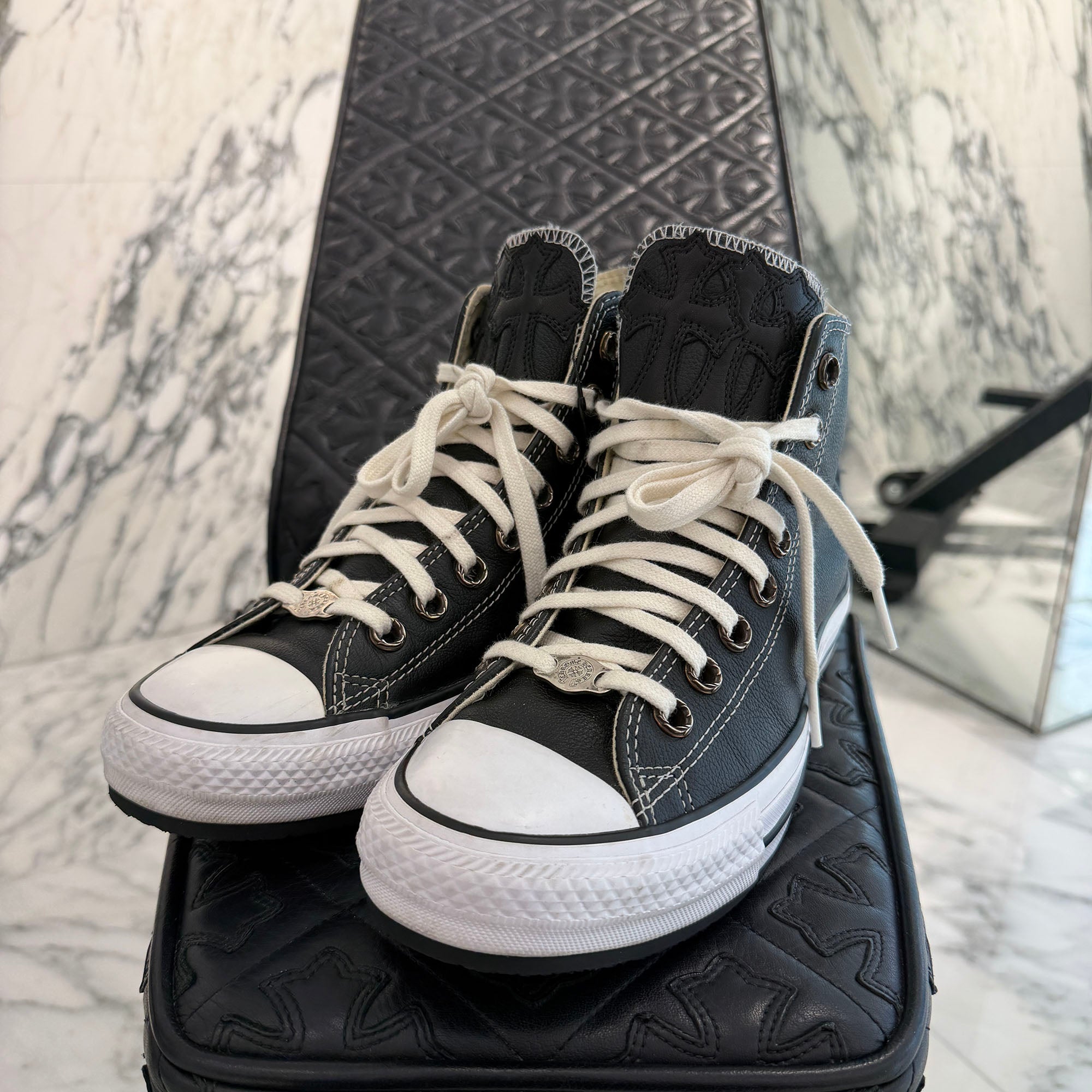 CHROME HEARTS × CONVERSE ALL STAR Cross Leather Patch Canvas High Cut Sneakers Size 8 (26.5cm) クロムハーツ × コンバース オールスター クロスレザーパッチ キャンバス ハイカットスニーカー サイズ8 (26.5cm)