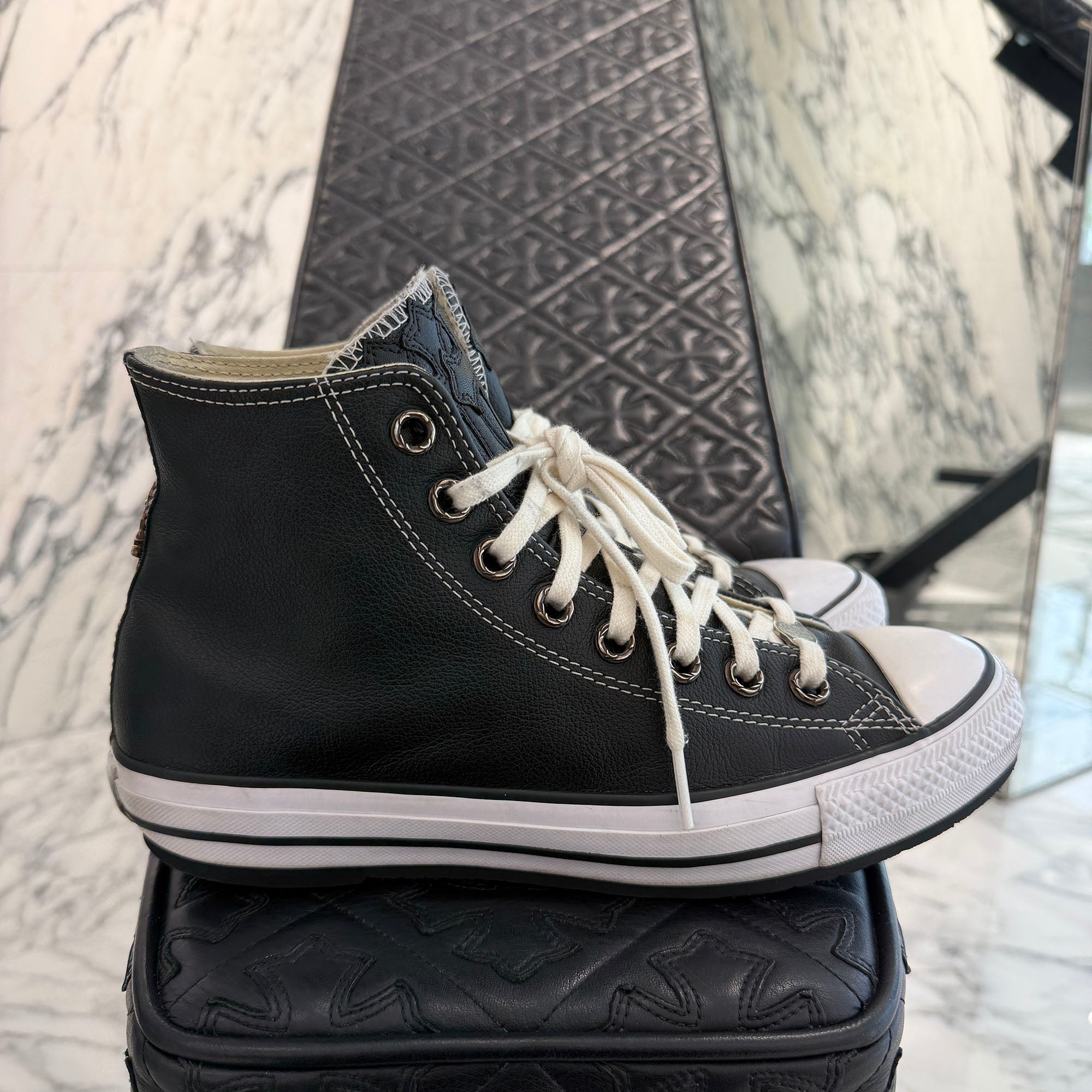 CHROME HEARTS × CONVERSE ALL STAR Cross Leather Patch Canvas High Cut Sneakers Size 8 (26.5cm) クロムハーツ × コンバース オールスター クロスレザーパッチ キャンバス ハイカットスニーカー サイズ8 (26.5cm)