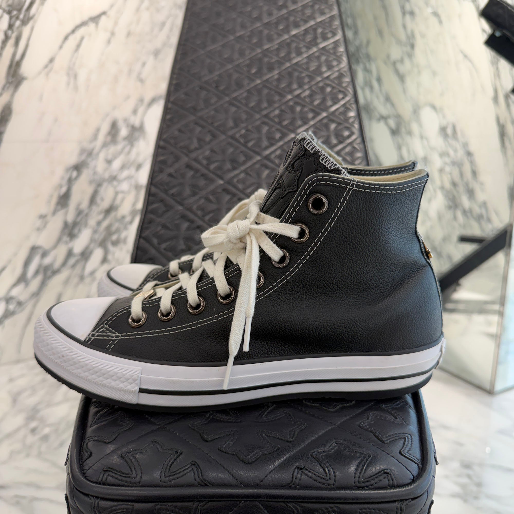 CHROME HEARTS × CONVERSE ALL STAR Cross Leather Patch Canvas High Cut Sneakers Size 8 (26.5cm) クロムハーツ × コンバース オールスター クロスレザーパッチ キャンバス ハイカットスニーカー サイズ8 (26.5cm)
