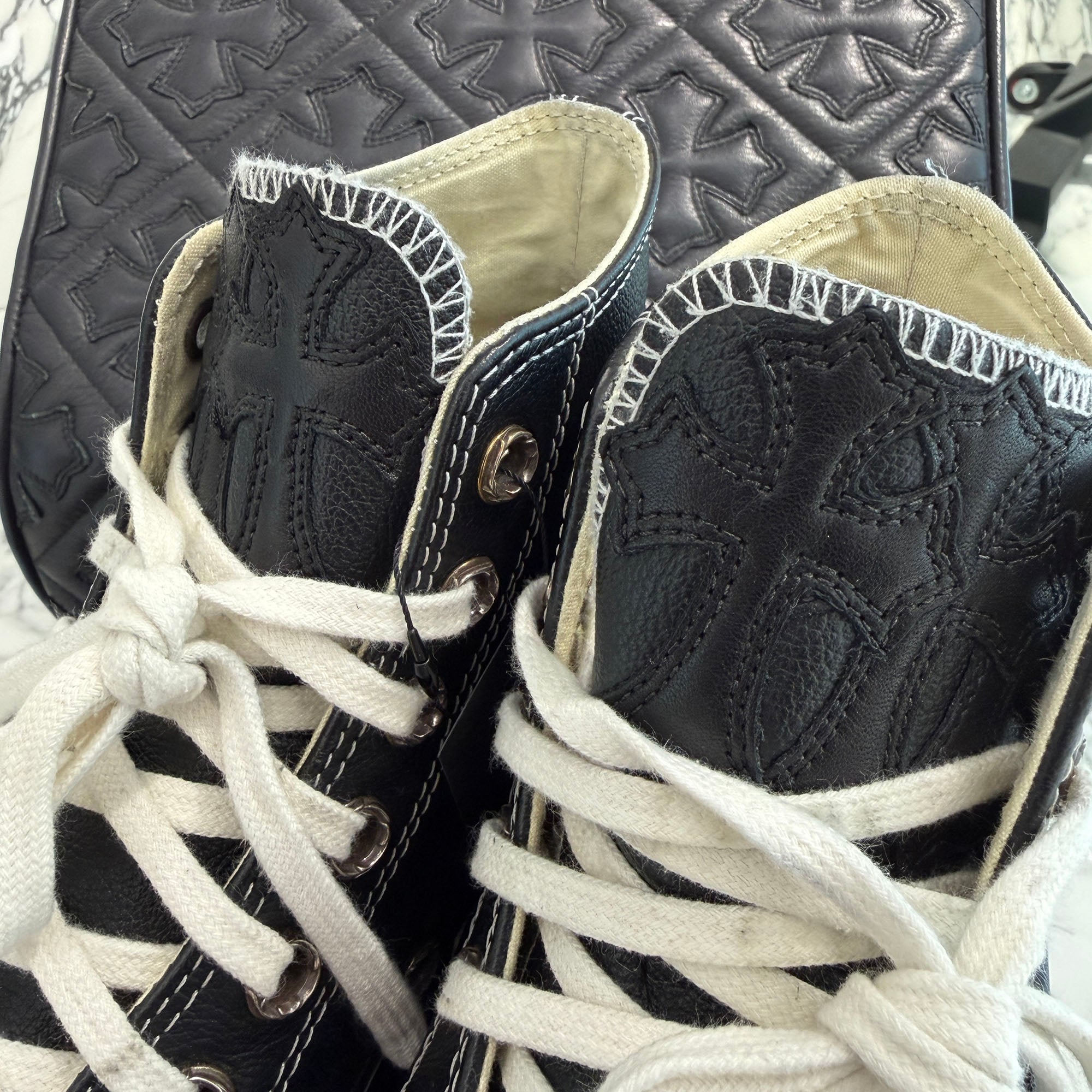 CHROME HEARTS × CONVERSE ALL STAR Cross Leather Patch Canvas High Cut Sneakers Size 8 (26.5cm) クロムハーツ × コンバース オールスター クロスレザーパッチ キャンバス ハイカットスニーカー サイズ8 (26.5cm)