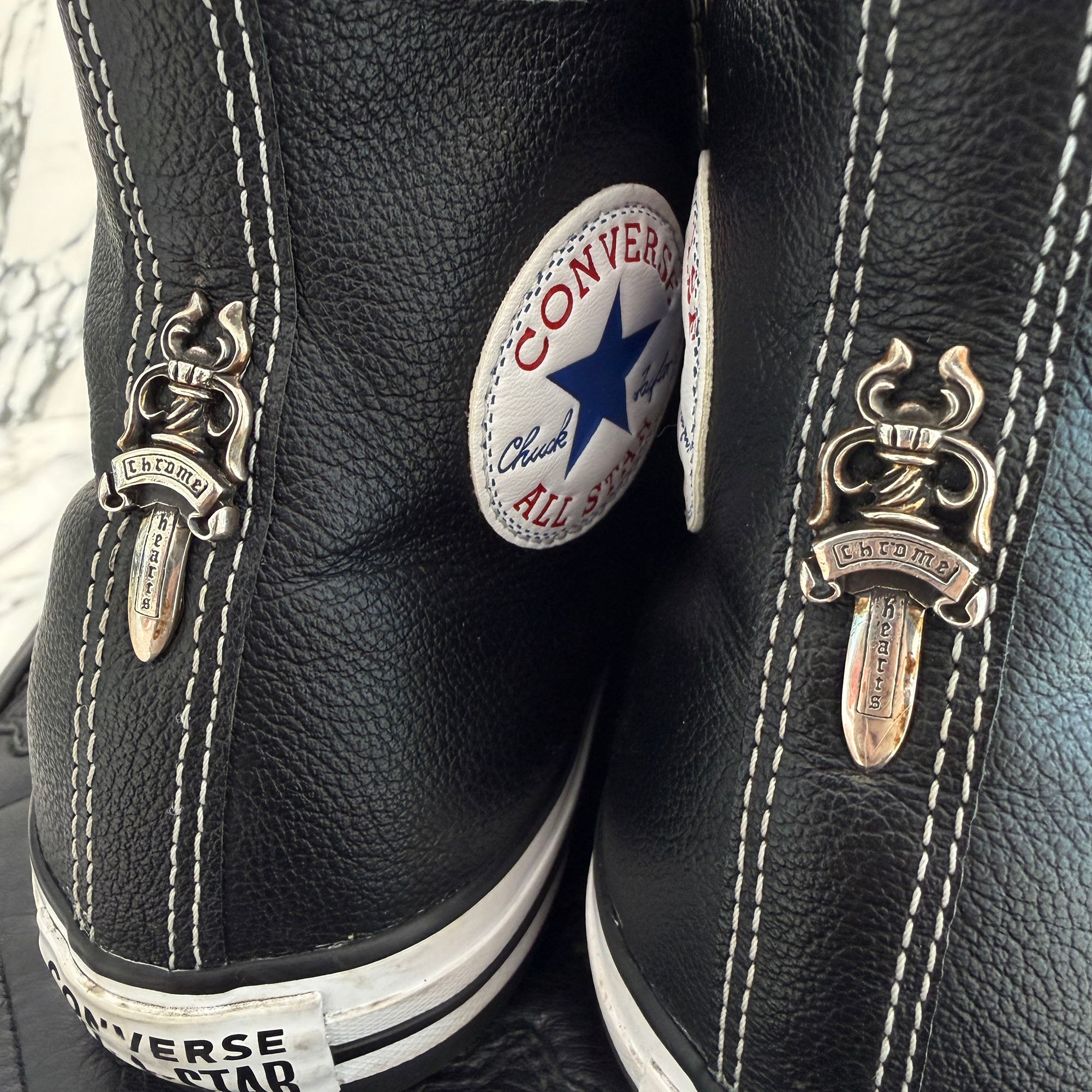 CHROME HEARTS × CONVERSE ALL STAR Cross Leather Patch Canvas High Cut Sneakers Size 8 (26.5cm) クロムハーツ × コンバース オールスター クロスレザーパッチ キャンバス ハイカットスニーカー サイズ8 (26.5cm)