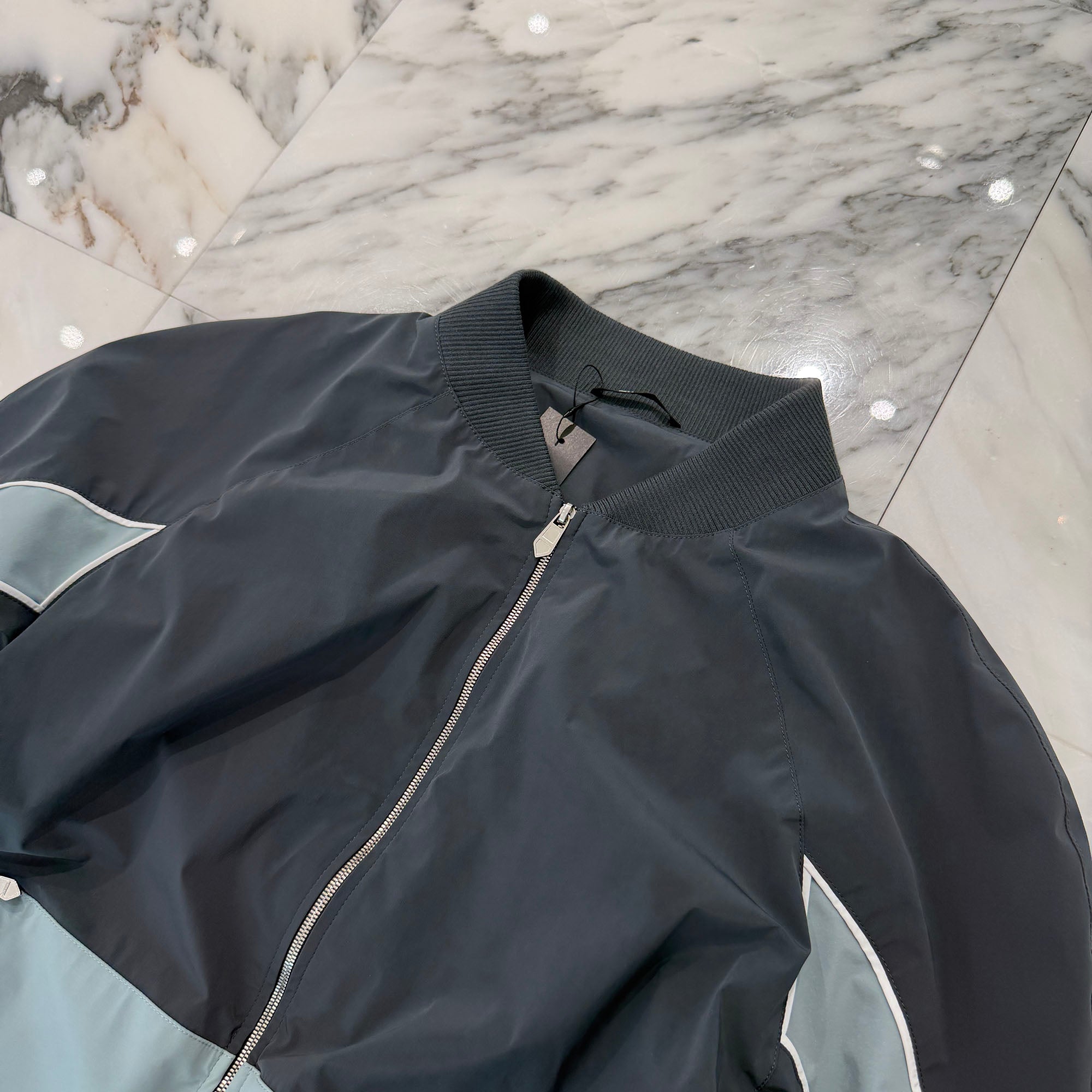 HERMES 2024SS Saddle Stitch Rib Trim Nylon Zip Up Jacket  H552920HL6I44 Size 52 エルメス サドルステッチ リブトリム ナイロン ジップ アップ ジャケット サイズ52