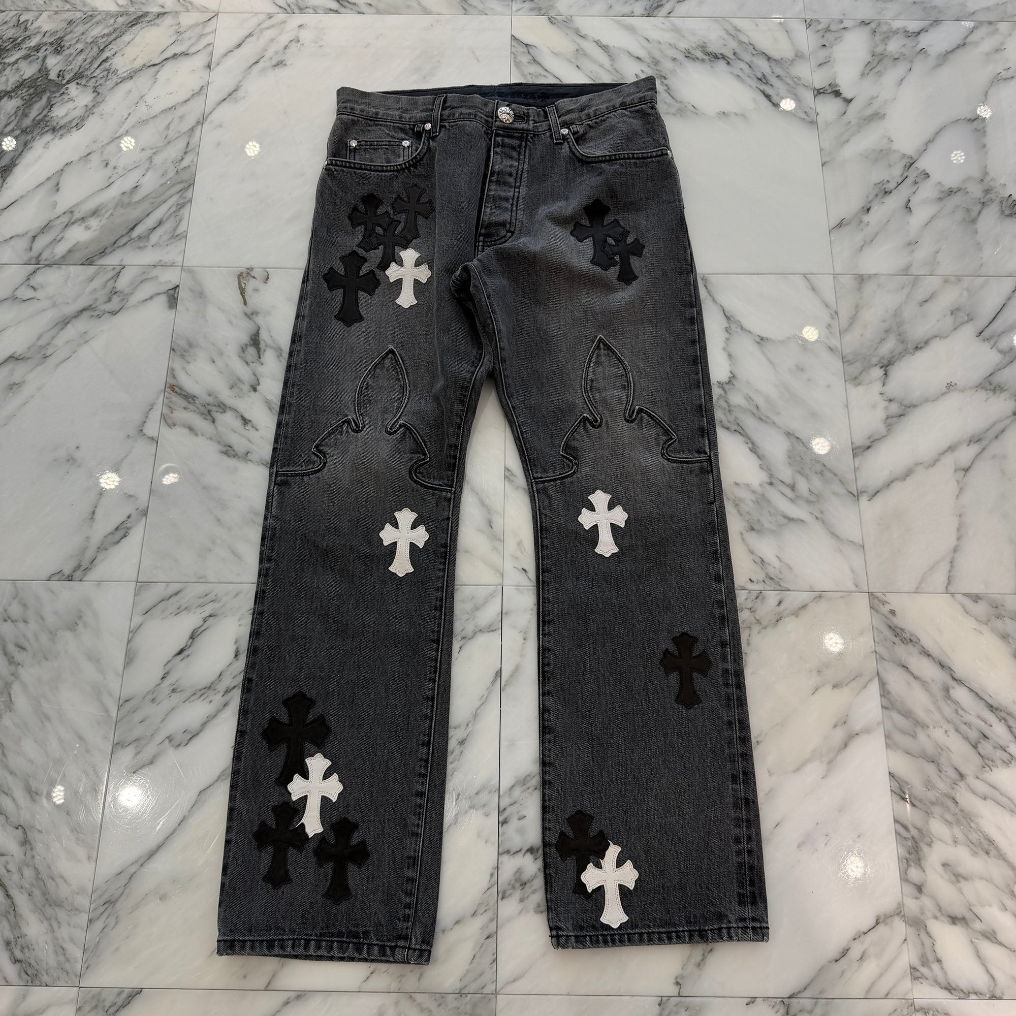 CHROME HEARTS Multi Leather Cross Patch Cross Ball Button Flare Knee Denim Pants Size 33 クロムハーツ マルチレザークロスパッチ クロスボールボタン フレアニー デニムパンツ サイズ33