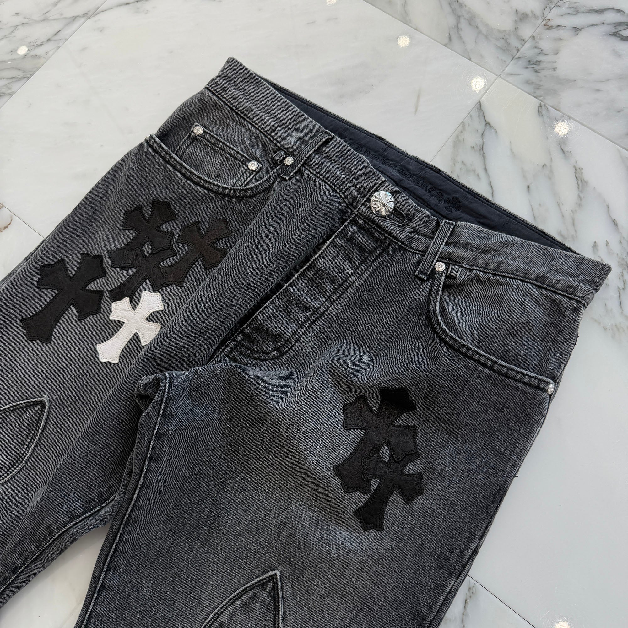 CHROME HEARTS Multi Leather Cross Patch Cross Ball Button Flare