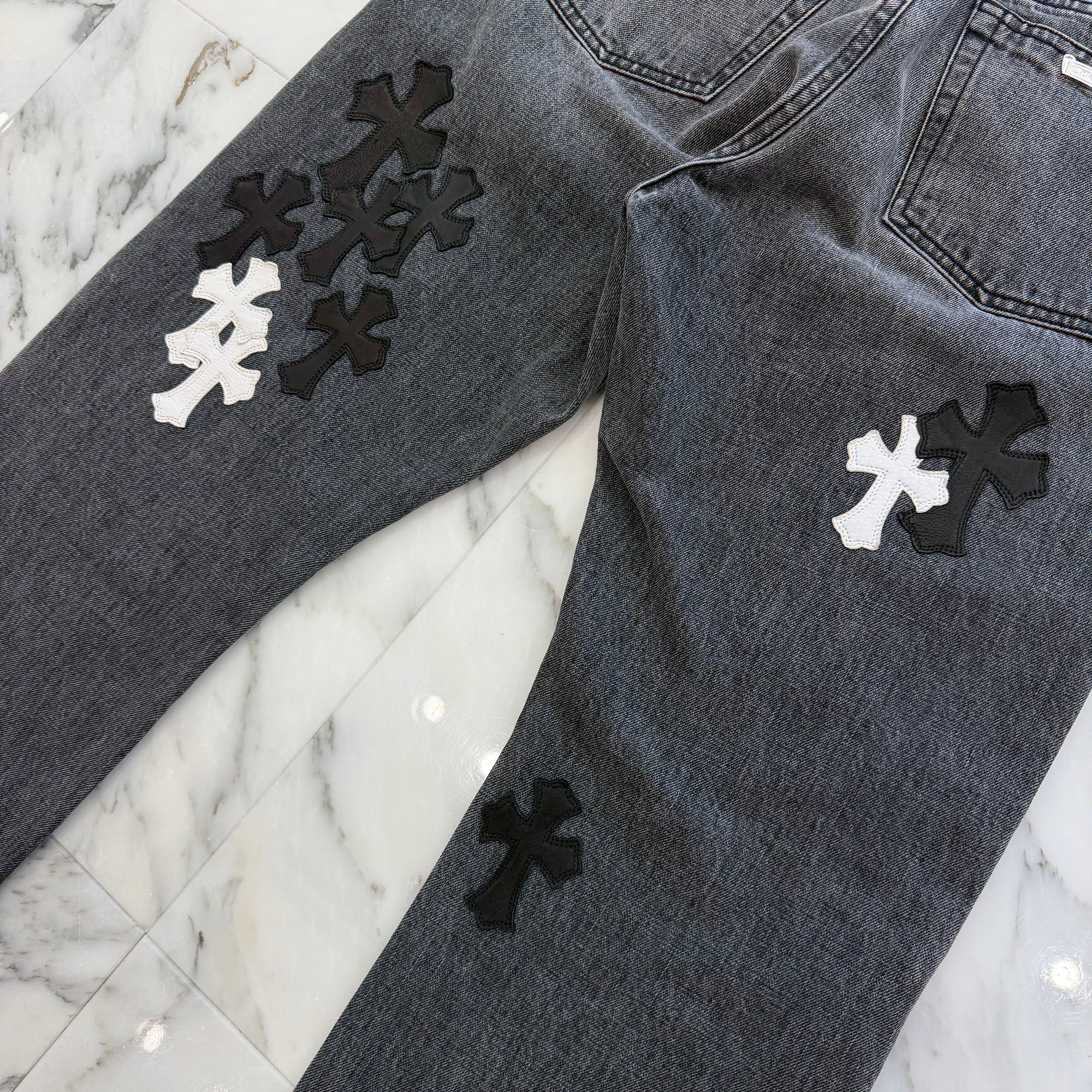 CHROME HEARTS Multi Leather Cross Patch Cross Ball Button Flare