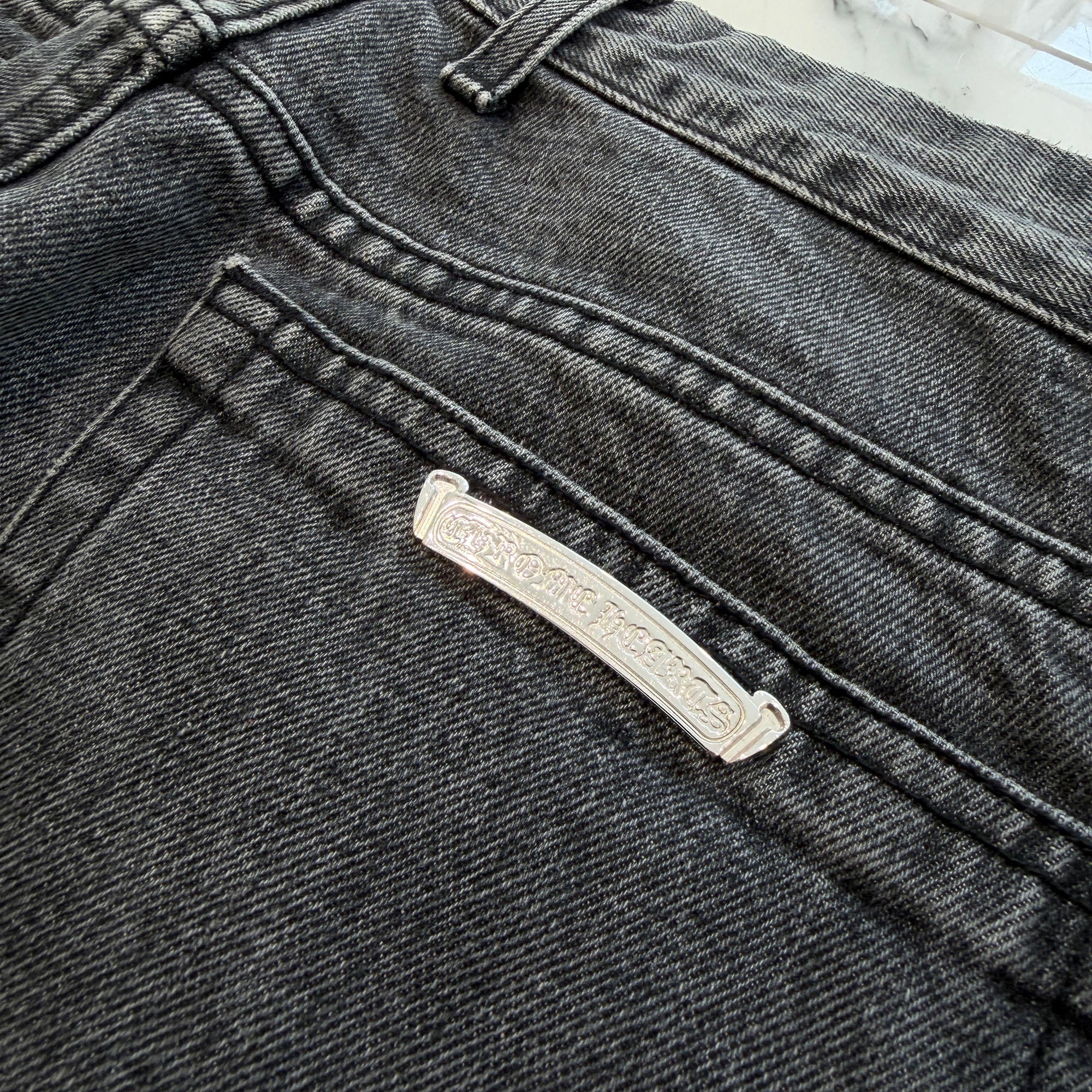 CHROME HEARTS Multi Leather Cross Patch Cross Ball Button Flare Knee Denim Pants Size 33 クロムハーツ マルチレザークロスパッチ クロスボールボタン フレアニー デニムパンツ サイズ33