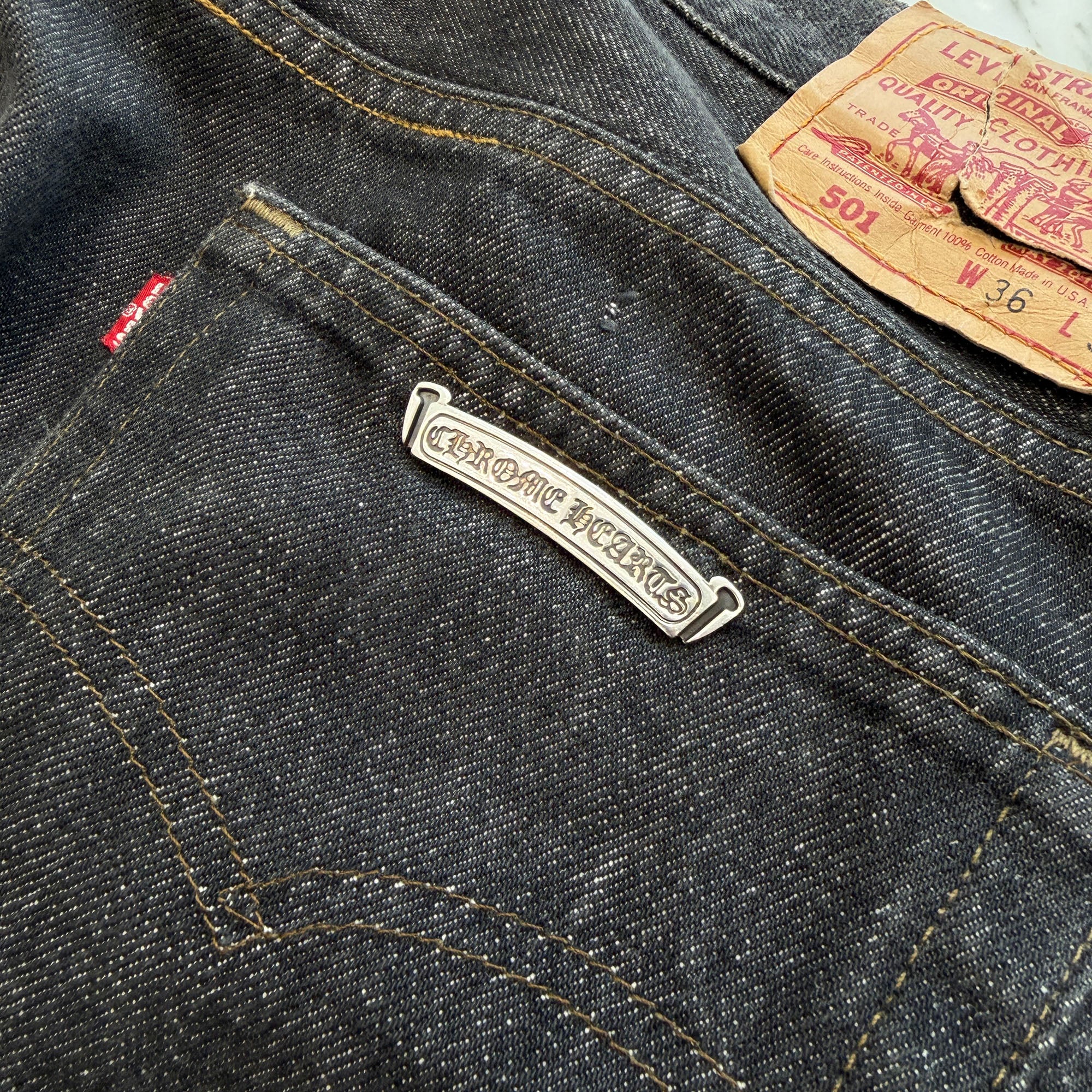 CHROME HEARTS × Levi's 501 VNTG Leather Cross Patch Jeans Size 34 クロムハーツ × リーバイス 501 ヴィンテージ レザークロスパッチ ジーンズ デニムパンツ サイズ34