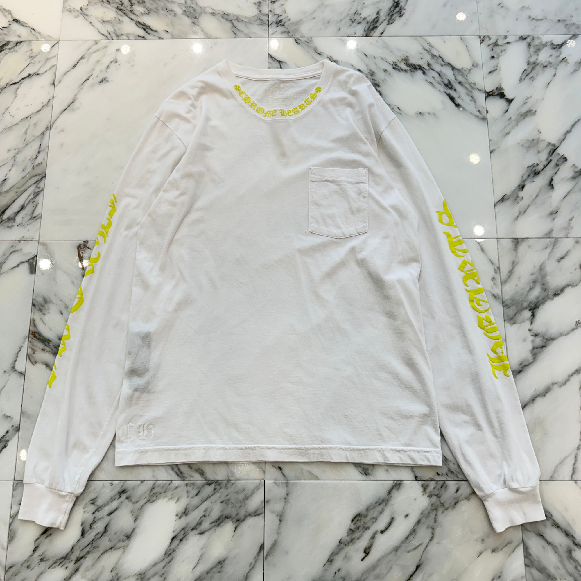 CHROME HEARTS Old English Neck Logo Neon Yellow Long Sleeve Tee Size L クロムハーツ オールドイングリッシュネックロゴネオンイエローロングスリーブTシャツ サイズL
