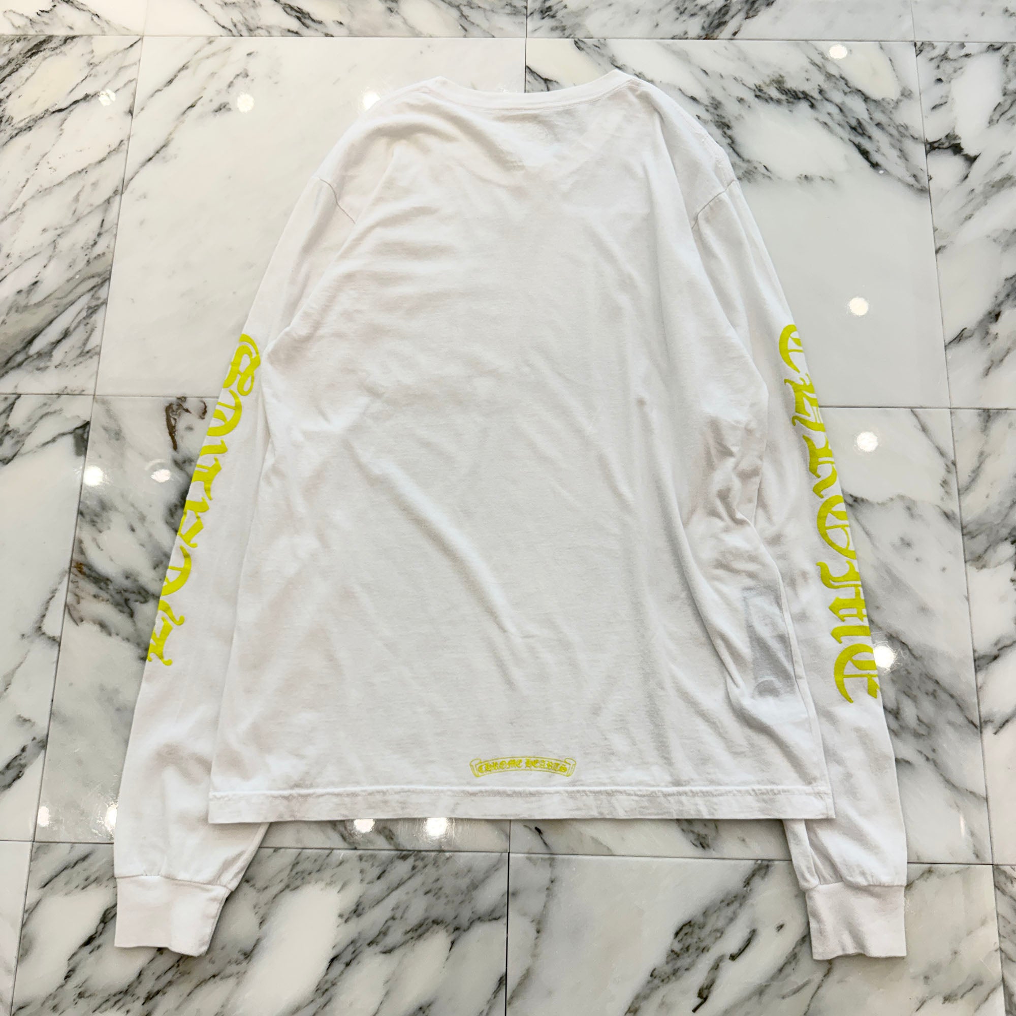 CHROME HEARTS Old English Neck Logo Neon Yellow Long Sleeve Tee Size L クロムハーツ オールドイングリッシュネックロゴネオンイエローロングスリーブTシャツ サイズL