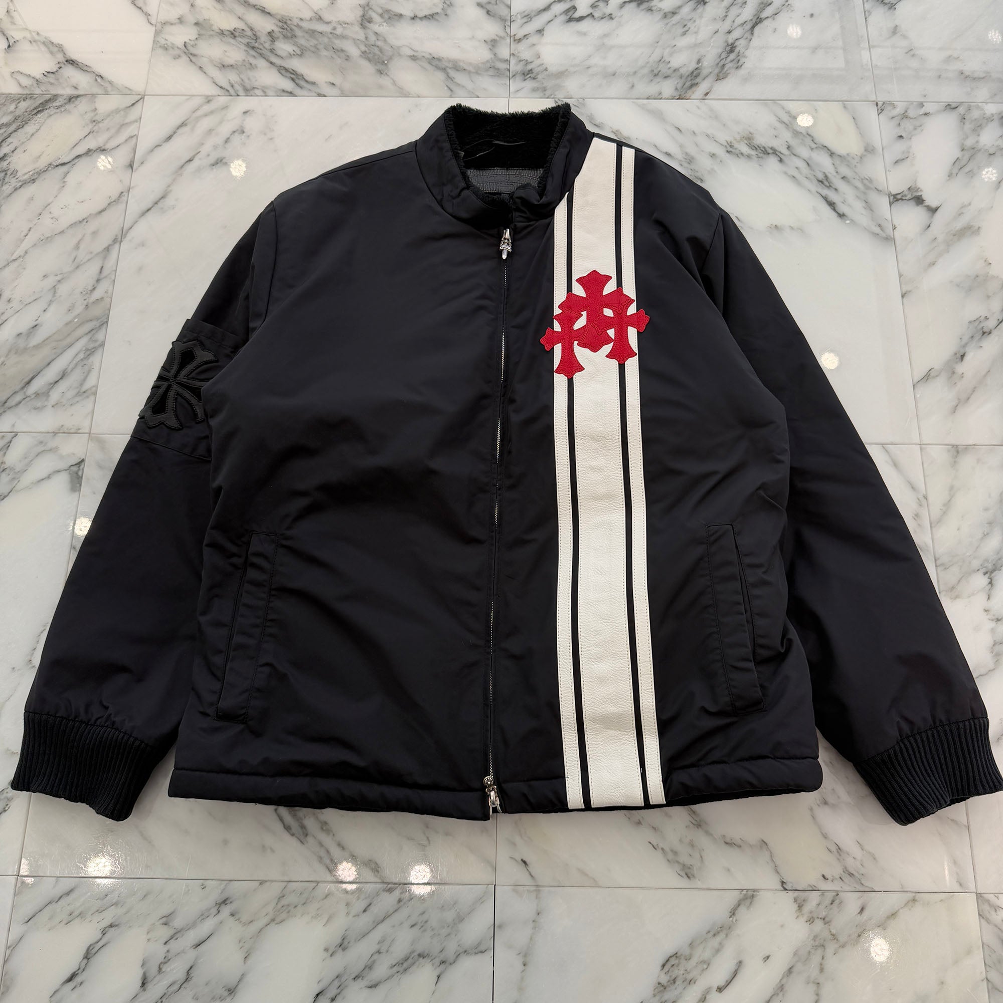 CHROME HEARTS Red 3 Cross Leather Patch Racing Zip Up Jacket Size L クロムハーツ レッド3クロス レザーパッチ レーシング ジップアップ ジャケット サイズL