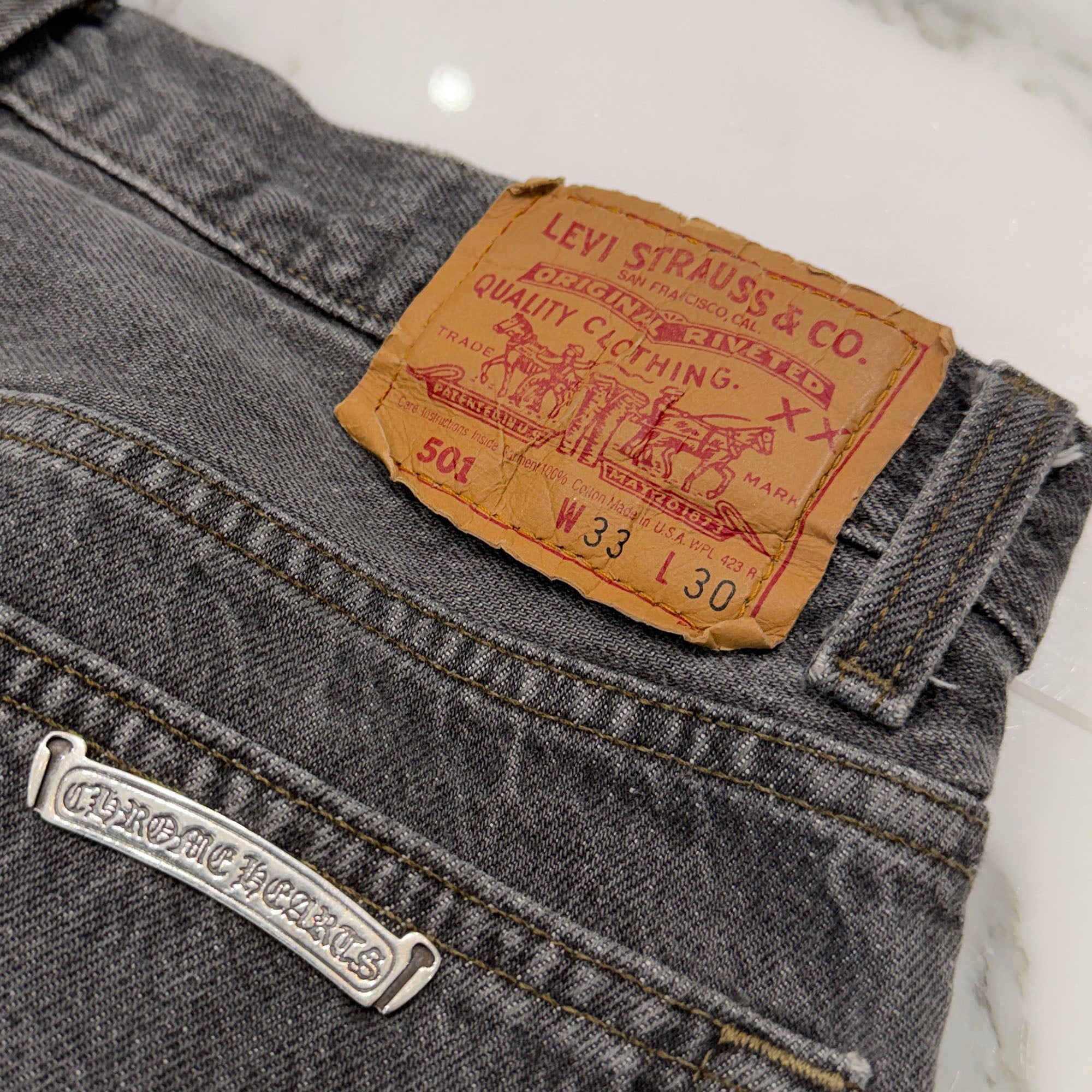 CHROME HEARTS × Levi's 501 VNTG Leather Cross Patch Jeans Size 32 クロムハーツ × リーバイス 501 ヴィンテージ レザークロスパッチ ジーンズ デニムパンツ サイズ32