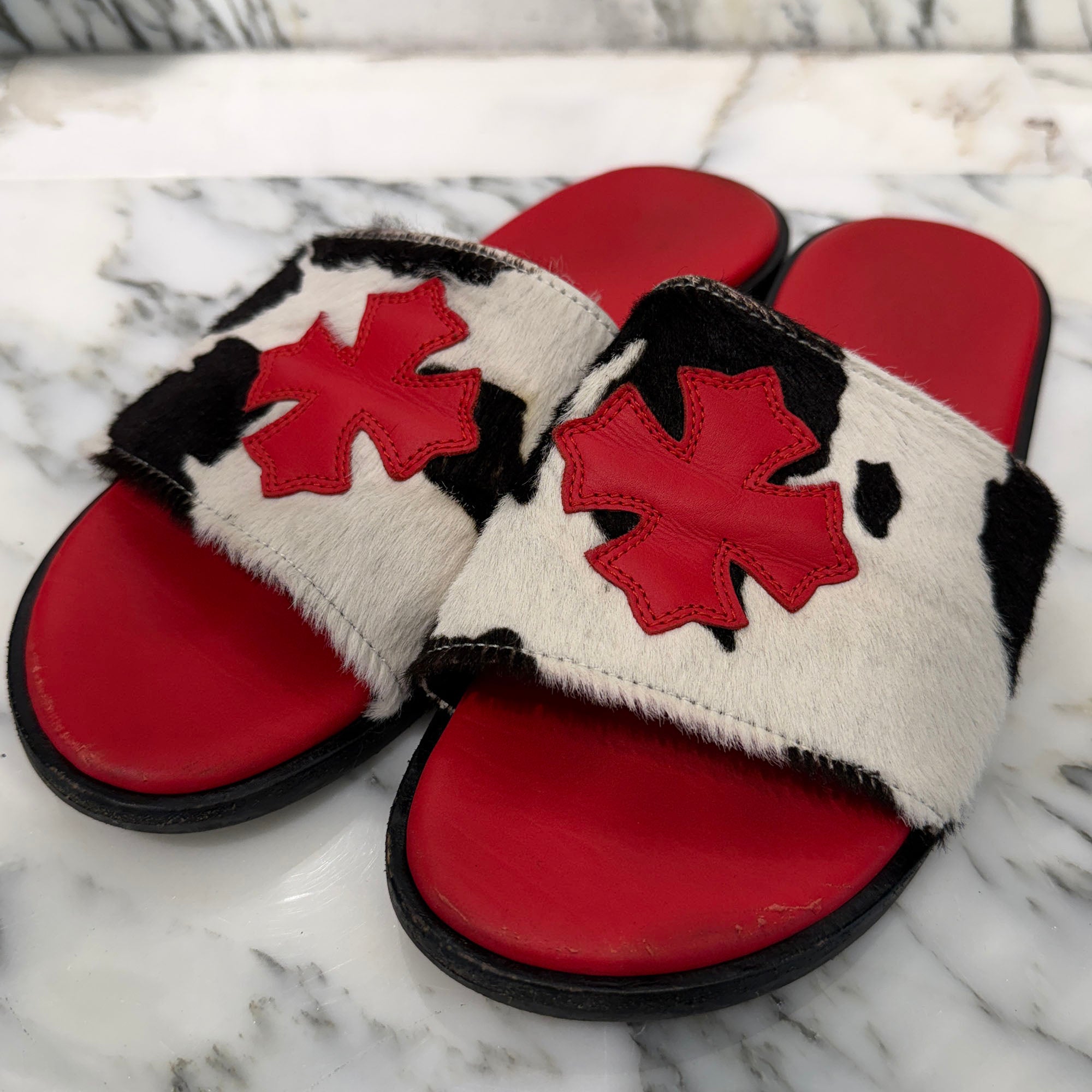 CHROME HEARTS 1 Cross Patch Leopard Harako Leather Sandals Size 41