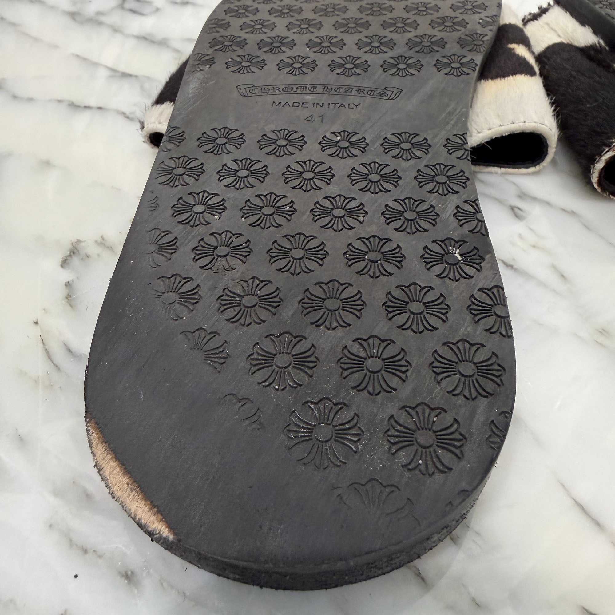 CHROME HEARTS 1 Cross Patch Leopard Harako Leather Sandals Size 41 クロムハーツ 1クロスパッチ レオパード ハラコレザー サンダル サイズ41