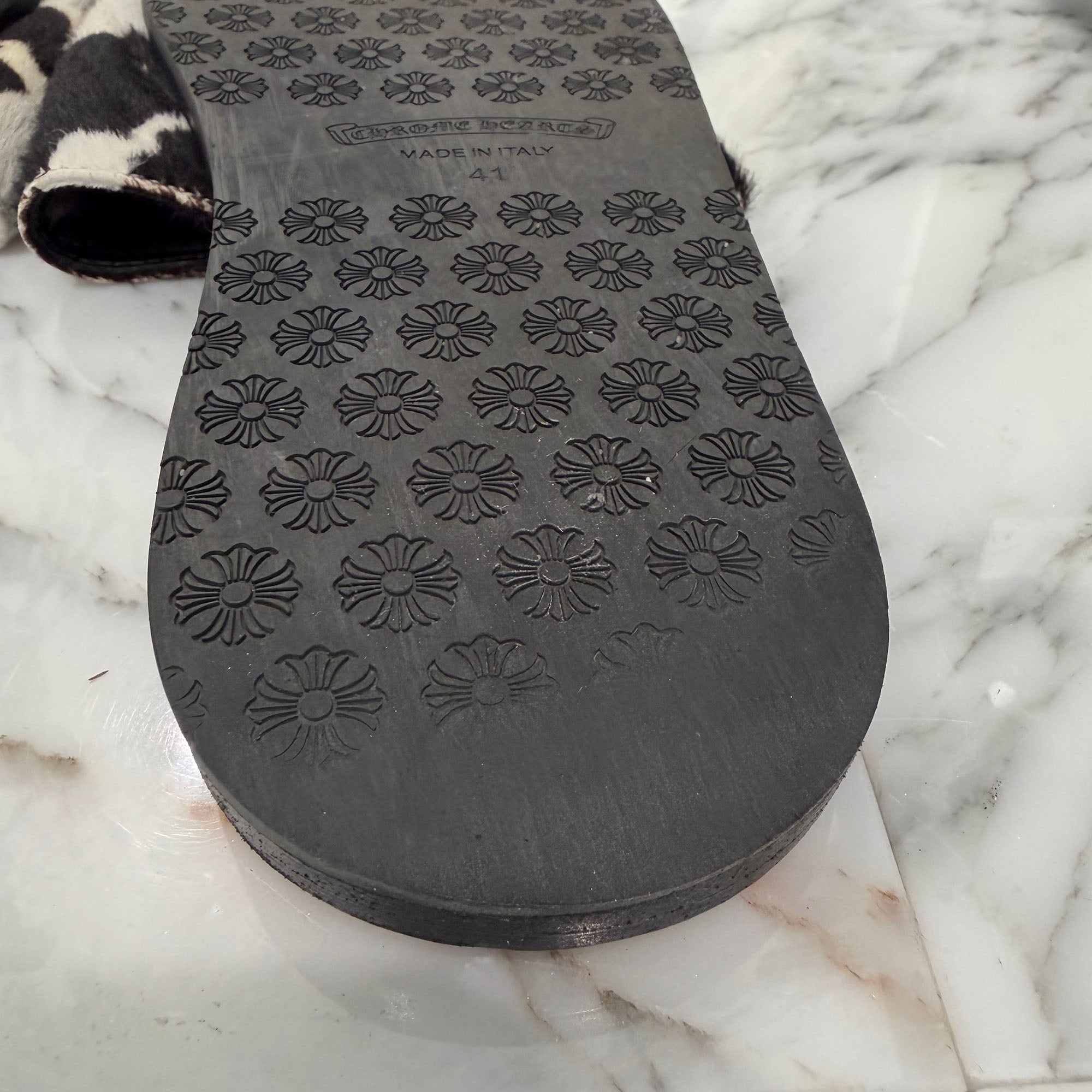 CHROME HEARTS 1 Cross Patch Leopard Harako Leather Sandals Size 41 クロムハーツ 1クロスパッチ レオパード ハラコレザー サンダル サイズ41