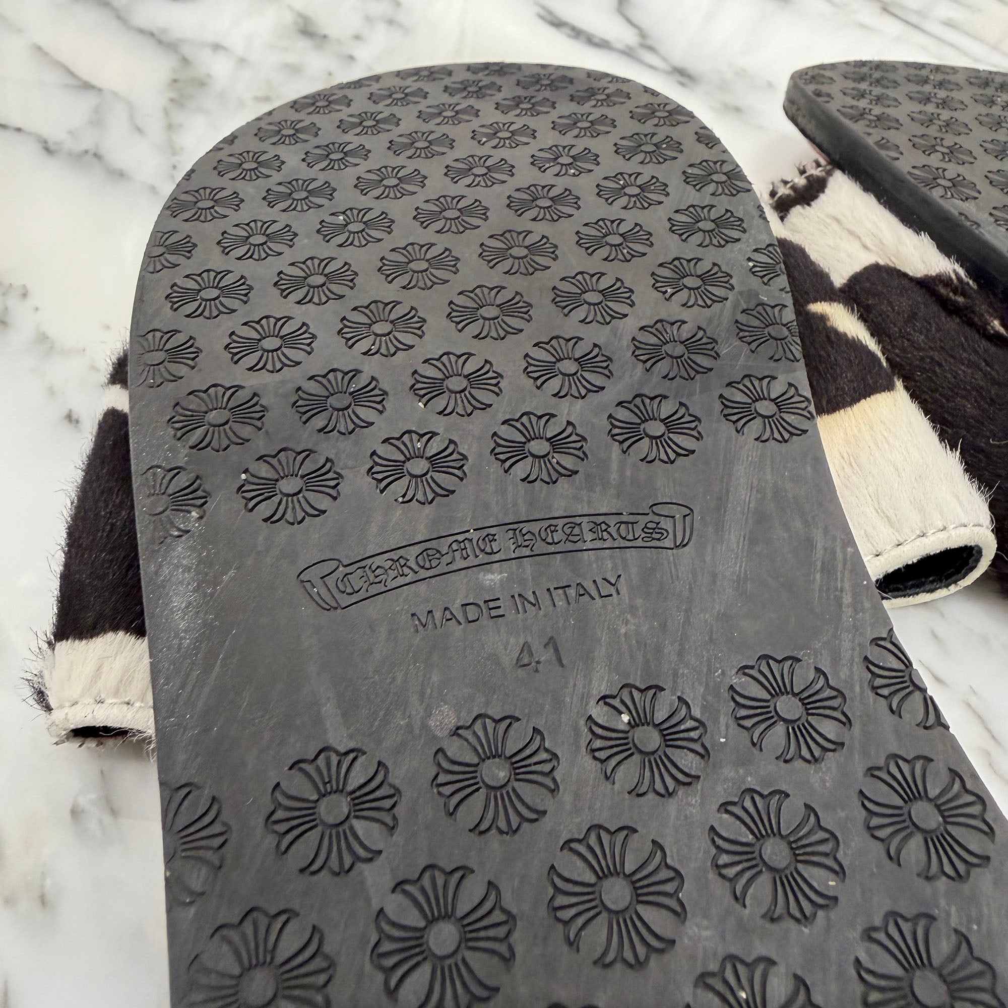 CHROME HEARTS 1 Cross Patch Leopard Harako Leather Sandals Size 41 クロムハーツ 1クロスパッチ レオパード ハラコレザー サンダル サイズ41