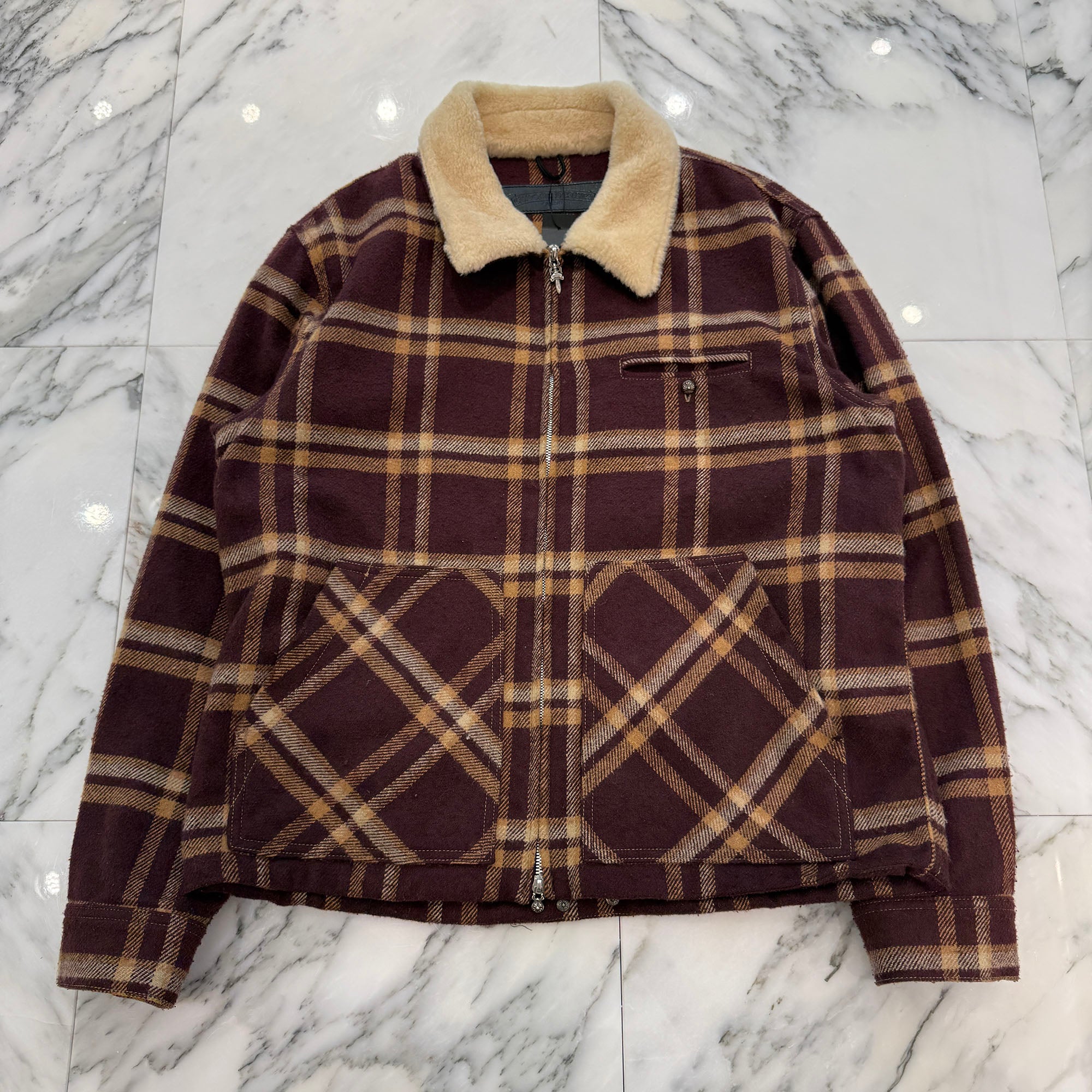 CHROME HEARTS Y NOT U BLACK SHEEP PLD Fur Zip Up Check Jacket Size M クロムハーツ ワイノット Uブラックシープ PLD ファー ジップアップ チェック柄 ジャケット サイズM