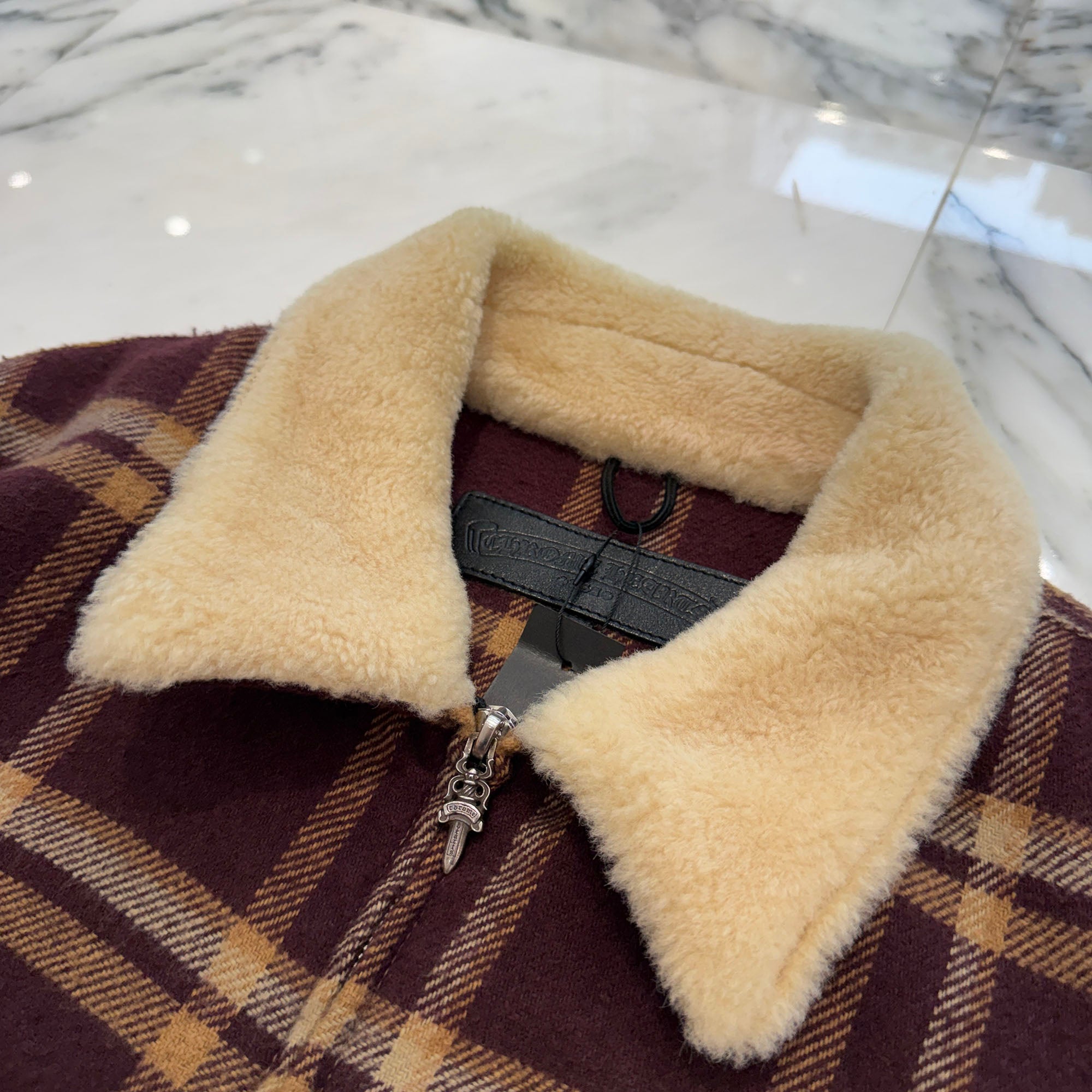 CHROME HEARTS Y NOT U BLACK SHEEP PLD Fur Zip Up Check Jacket Size M クロムハーツ ワイノット Uブラックシープ PLD ファー ジップアップ チェック柄 ジャケット サイズM