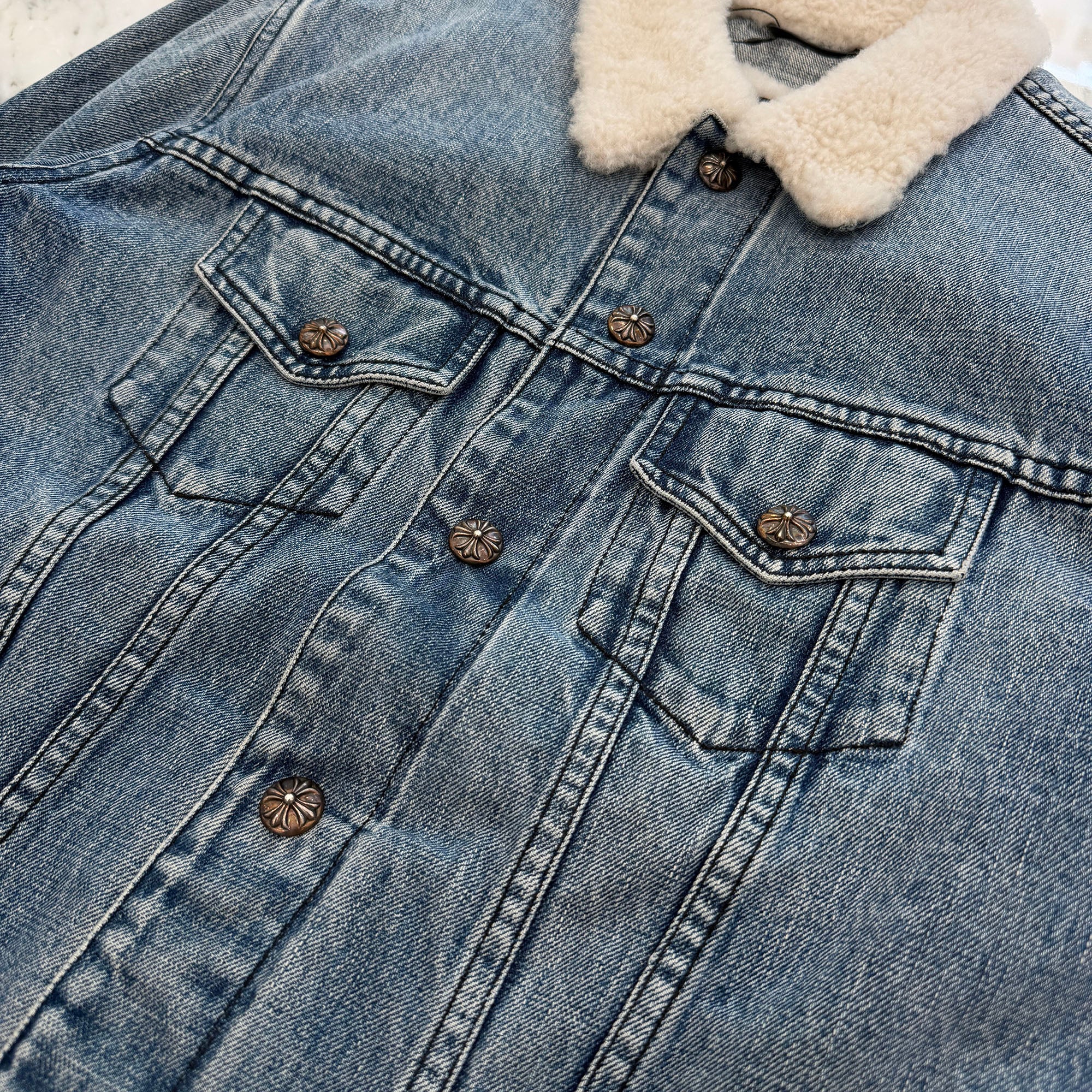 CHROME HEARTS Motor Breath Mouton Lined Denim Jacket Size S クロムハーツ モーターブレス ムートン ライナー デニムジャケット サイズS