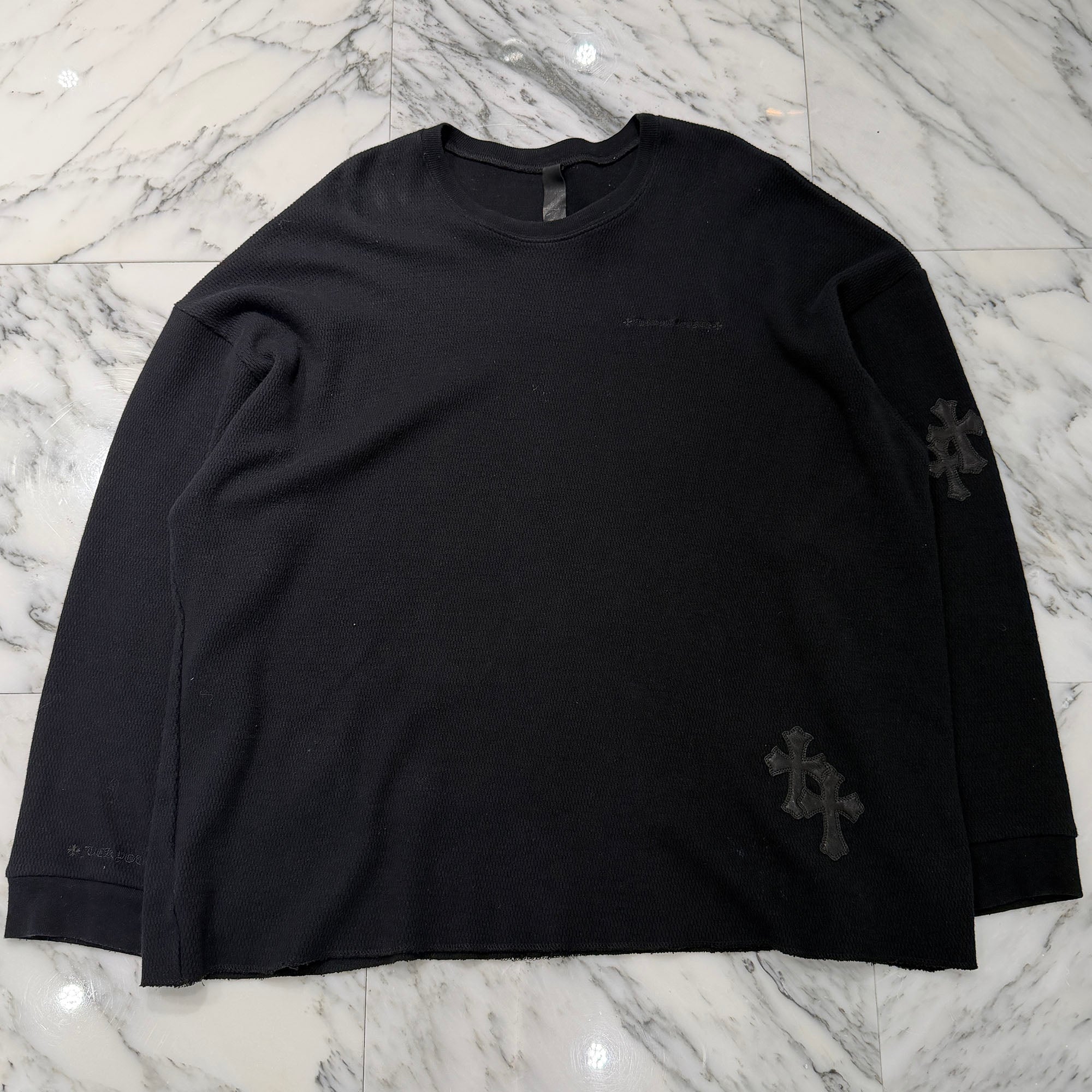 CHROME HEARTS Y NOT Leather Cross Patch Crewneck Thermal Sweat Shirt Size XL クロムハーツ ワイノット レザークロスパッチ クルーネック サーマル スウェットシャツ サイズXL