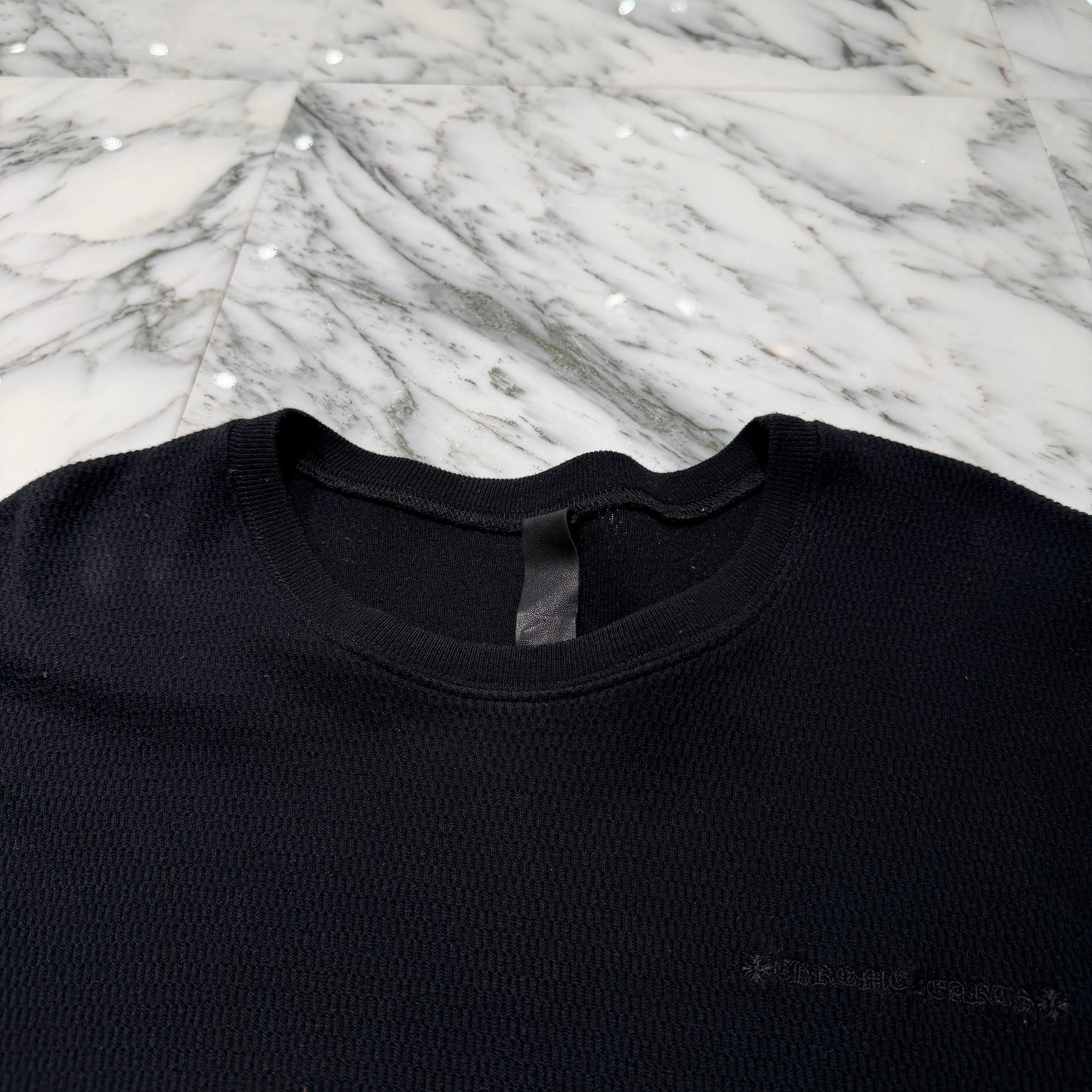 CHROME HEARTS Y NOT Leather Cross Patch Crewneck Thermal Sweat Shirt Size XL クロムハーツ ワイノット レザークロスパッチ クルーネック サーマル スウェットシャツ サイズXL