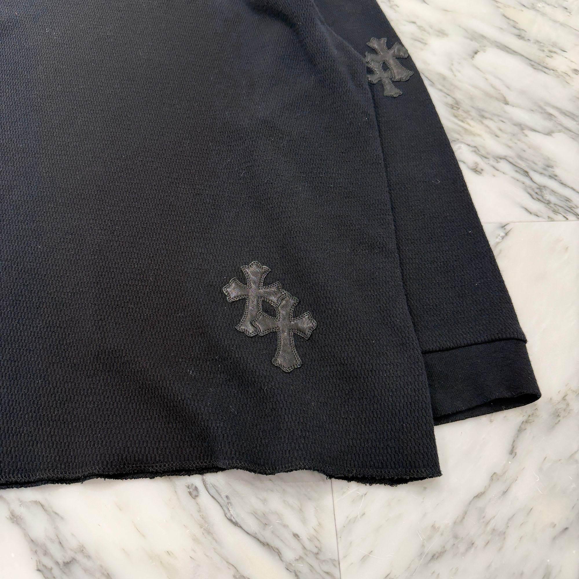 CHROME HEARTS Y NOT Leather Cross Patch Crewneck Thermal Sweat Shirt Size XL クロムハーツ ワイノット レザークロスパッチ クルーネック サーマル スウェットシャツ サイズXL