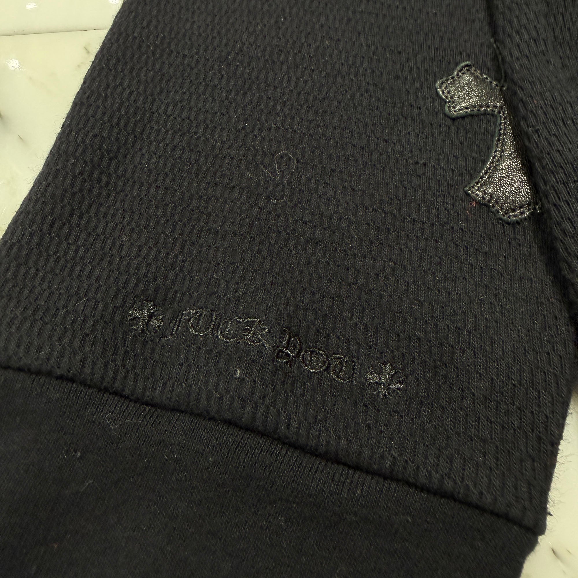 CHROME HEARTS Y NOT Leather Cross Patch Crewneck Thermal Sweat Shirt Size XL クロムハーツ ワイノット レザークロスパッチ クルーネック サーマル スウェットシャツ サイズXL