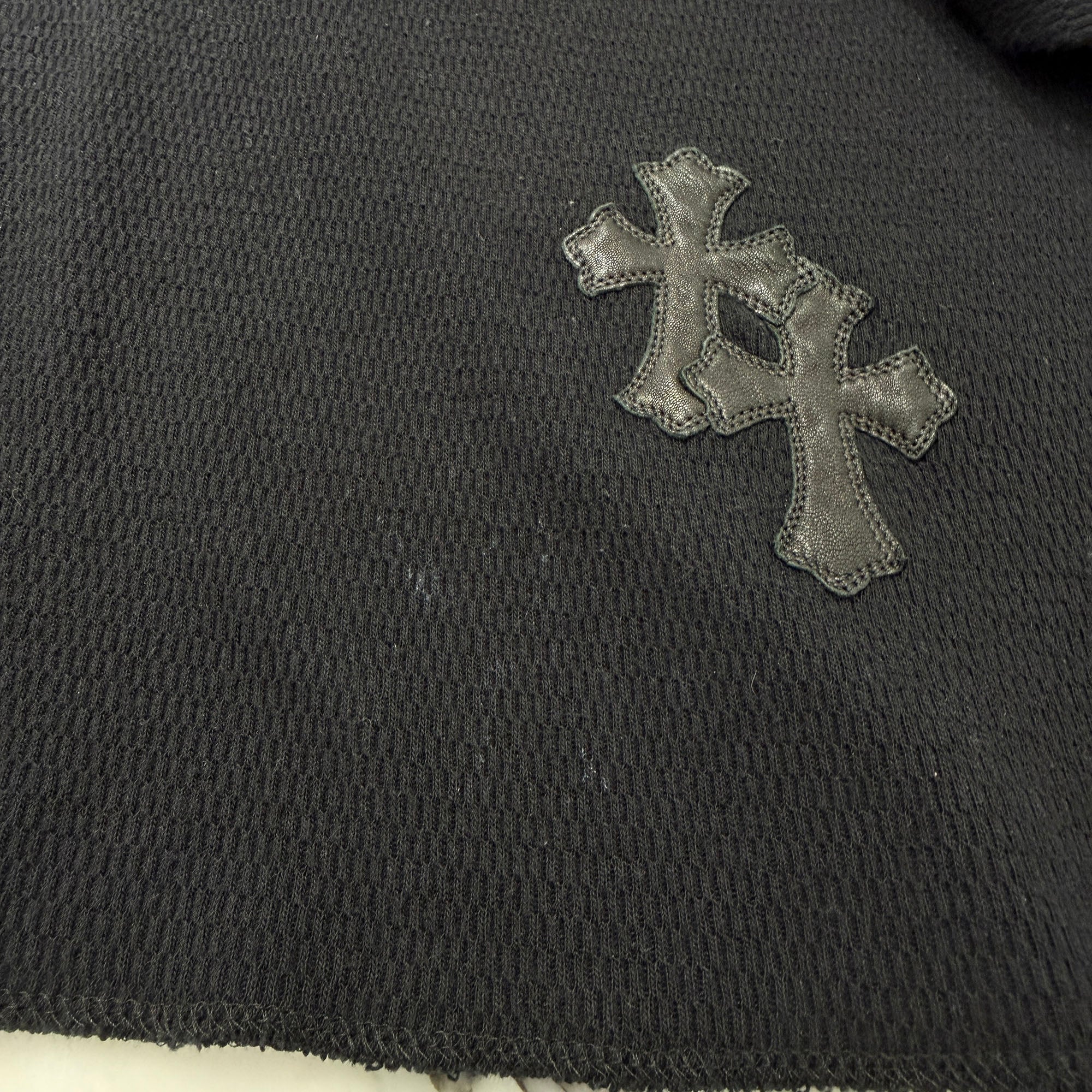 CHROME HEARTS Y NOT Leather Cross Patch Crewneck Thermal Sweat Shirt Size XL クロムハーツ ワイノット レザークロスパッチ クルーネック サーマル スウェットシャツ サイズXL