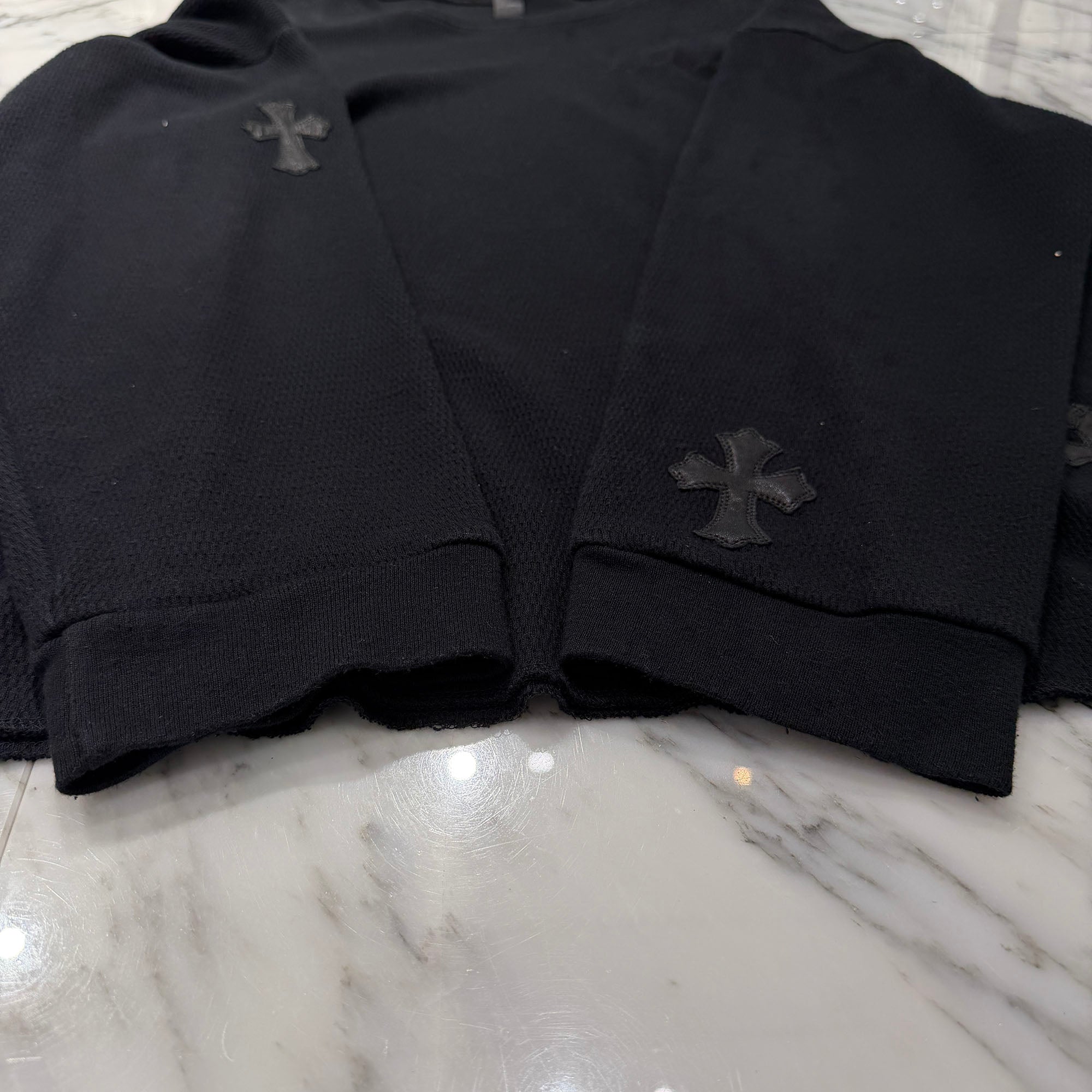 CHROME HEARTS Y NOT Leather Cross Patch Crewneck Thermal Sweat Shirt Size XL クロムハーツ ワイノット レザークロスパッチ クルーネック サーマル スウェットシャツ サイズXL