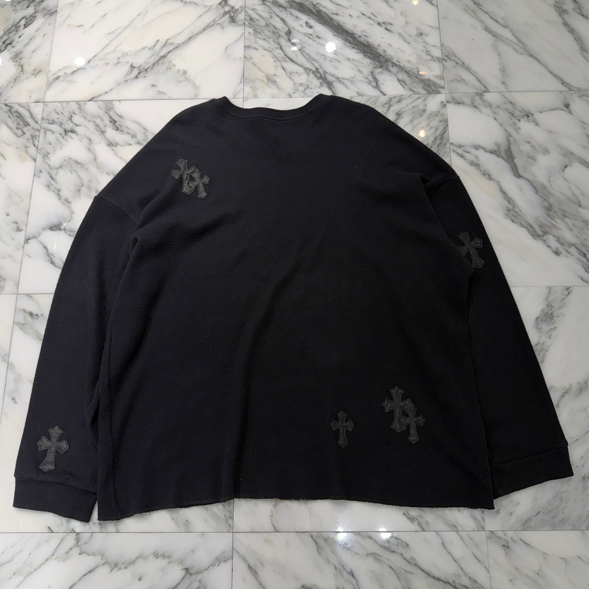 CHROME HEARTS Y NOT Leather Cross Patch Crewneck Thermal Sweat Shirt Size XL クロムハーツ ワイノット レザークロスパッチ クルーネック サーマル スウェットシャツ サイズXL