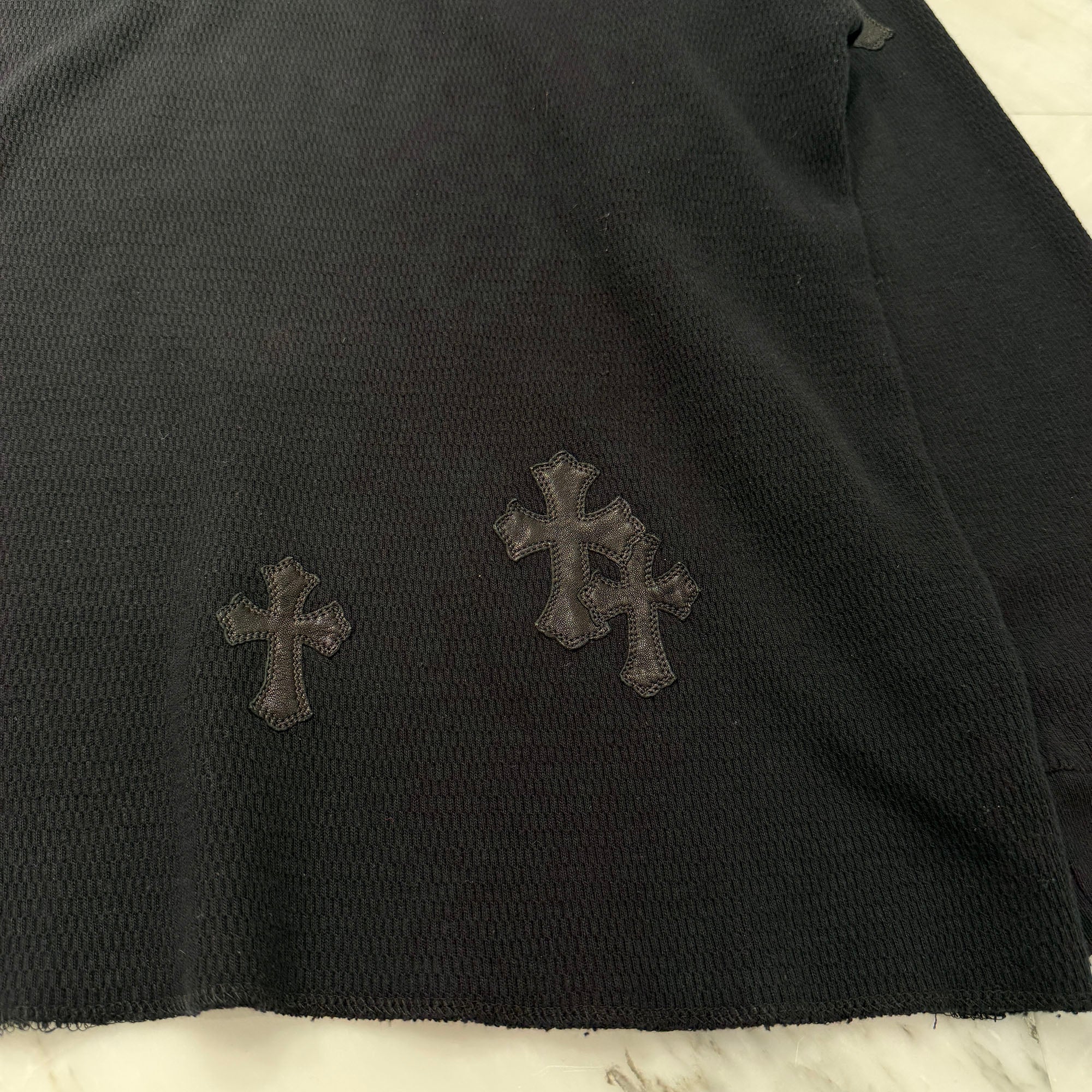 CHROME HEARTS Y NOT Leather Cross Patch Crewneck Thermal Sweat Shirt Size XL クロムハーツ ワイノット レザークロスパッチ クルーネック サーマル スウェットシャツ サイズXL