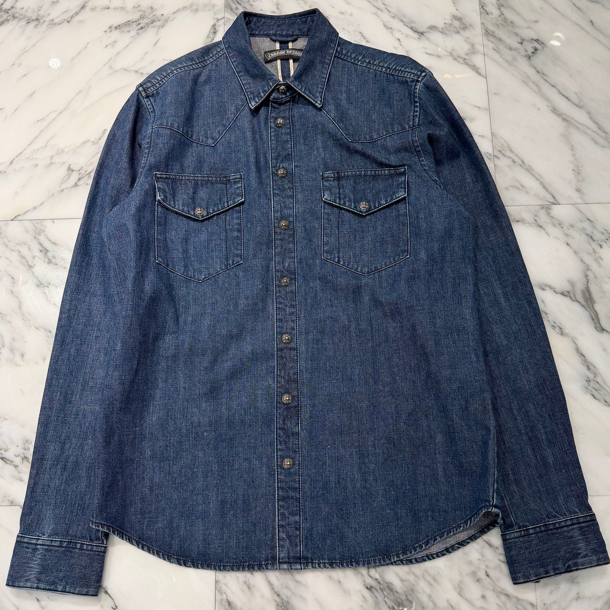 CHROME HEARTS Leather Cross Patch Denim Western Shirt Size L クロムハーツ クロスレザーパッチ デニムウェスタンシャツ サイズL