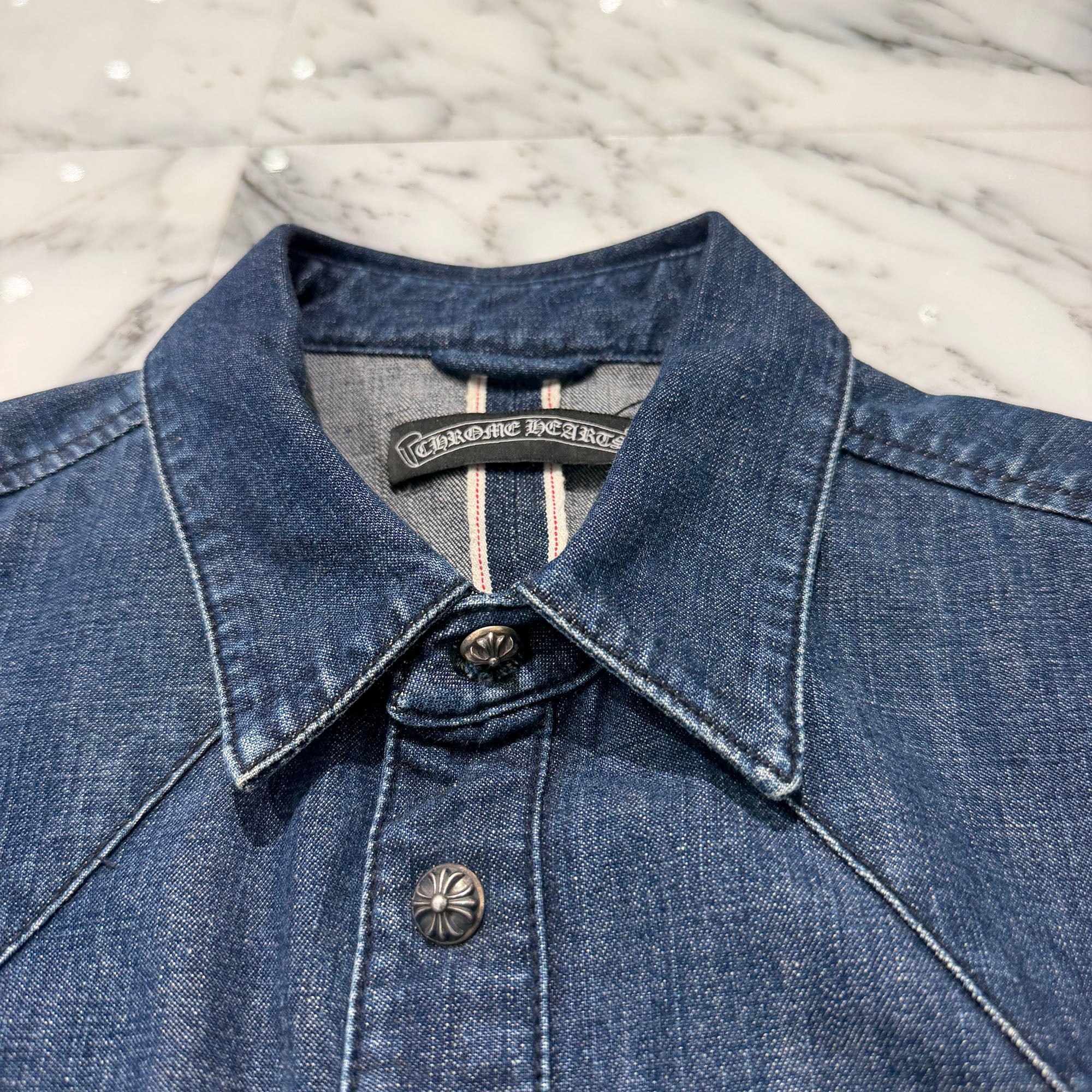 CHROME HEARTS Leather Cross Patch Denim Western Shirt Size L クロムハーツ クロスレザーパッチ デニムウェスタンシャツ サイズL