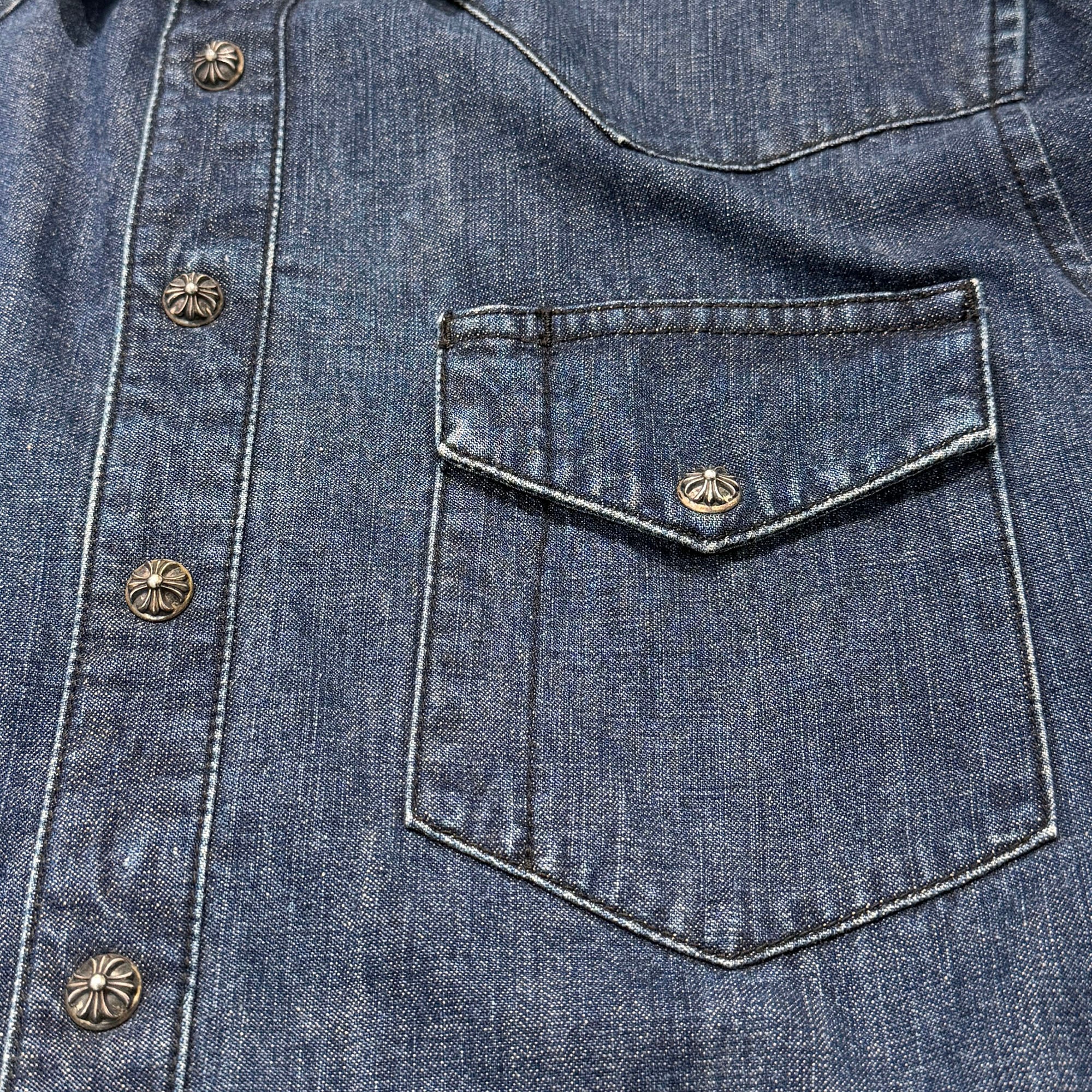 CHROME HEARTS Leather Cross Patch Denim Western Shirt Size L クロムハーツ クロスレザーパッチ デニムウェスタンシャツ サイズL