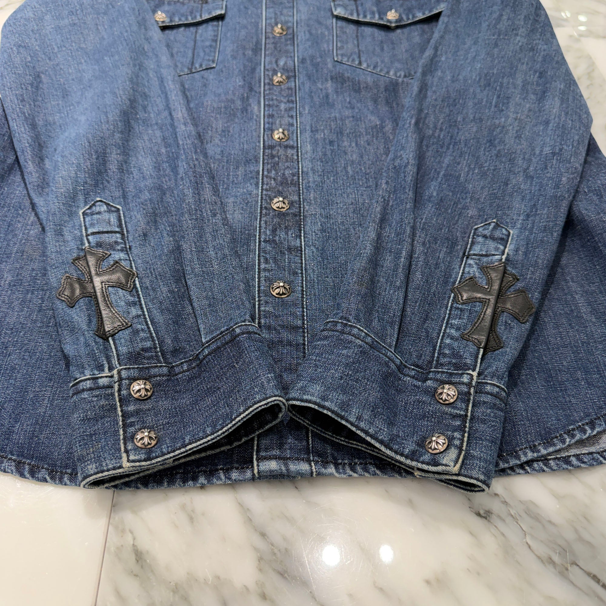 CHROME HEARTS Leather Cross Patch Denim Western Shirt Size L クロムハーツ クロスレザーパッチ デニムウェスタンシャツ サイズL