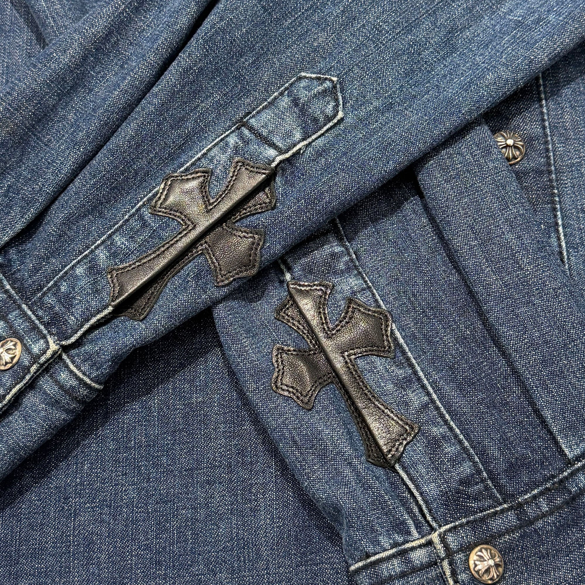 CHROME HEARTS Leather Cross Patch Denim Western Shirt Size L クロムハーツ クロスレザーパッチ デニムウェスタンシャツ サイズL