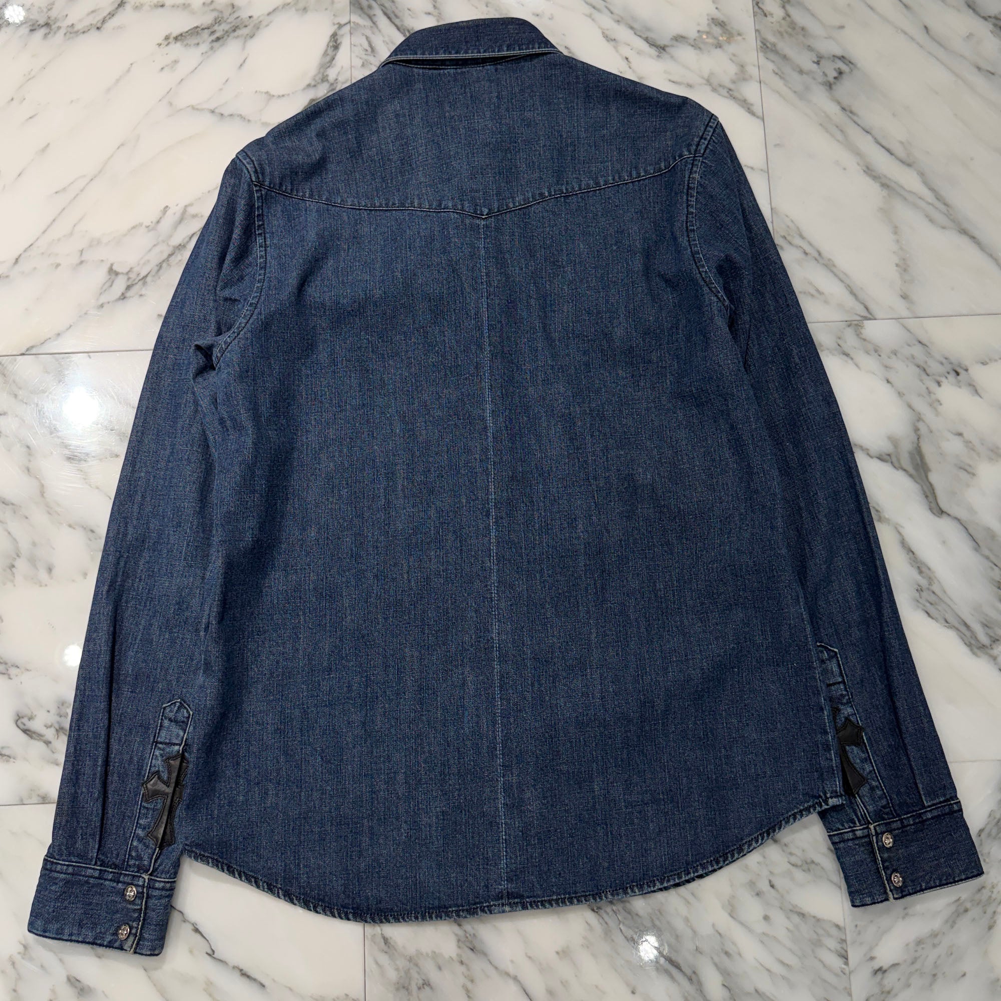 CHROME HEARTS Leather Cross Patch Denim Western Shirt Size L クロムハーツ クロスレザーパッチ デニムウェスタンシャツ サイズL