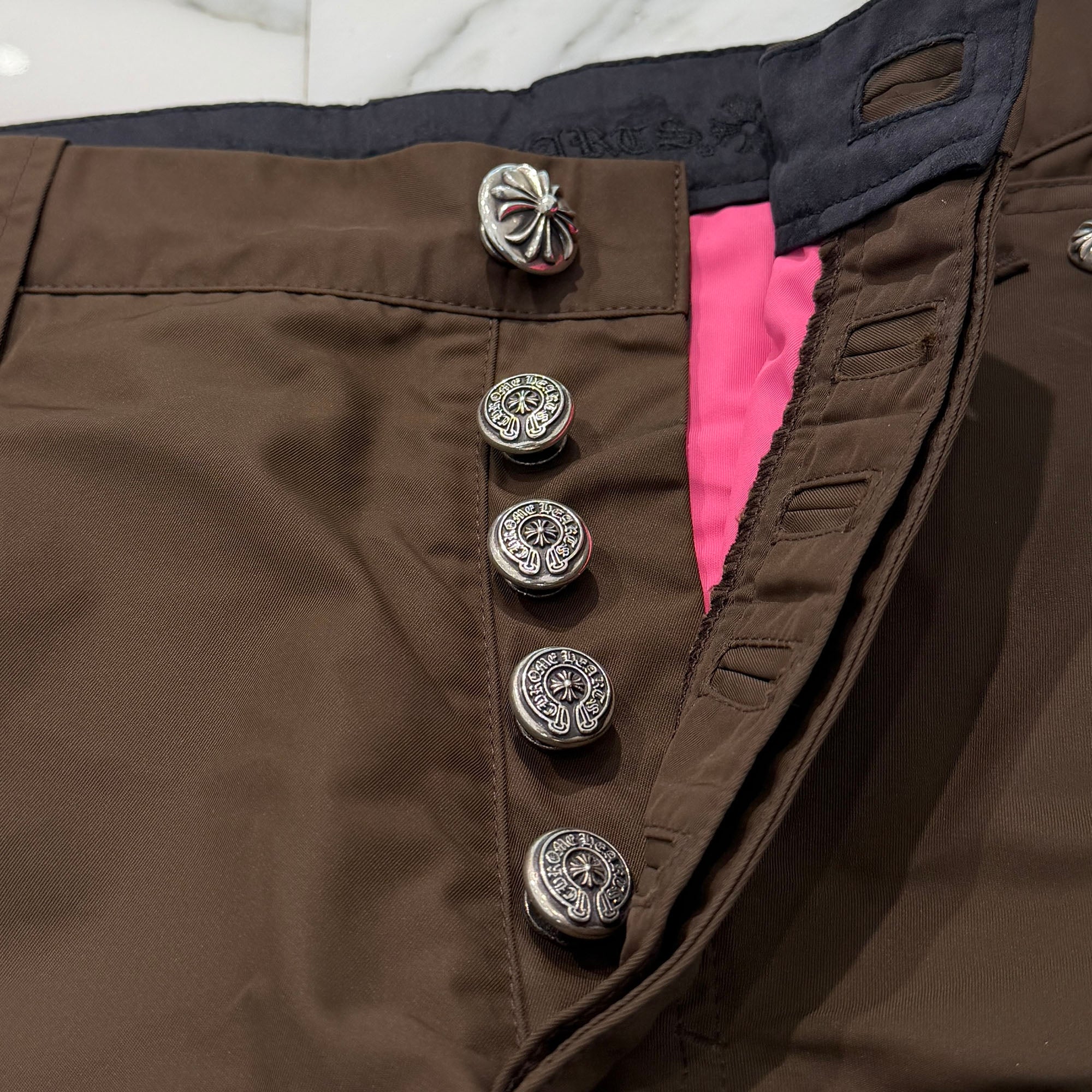 CHROME HEARTS Carpenter Leather Double Knee Nylon Pink Cross Patch Long Pants Size 30 クロムハーツ カーペンター レザーダブルニー ナイロン ピンク クロスパッチ ロングパンツ サイズ30
