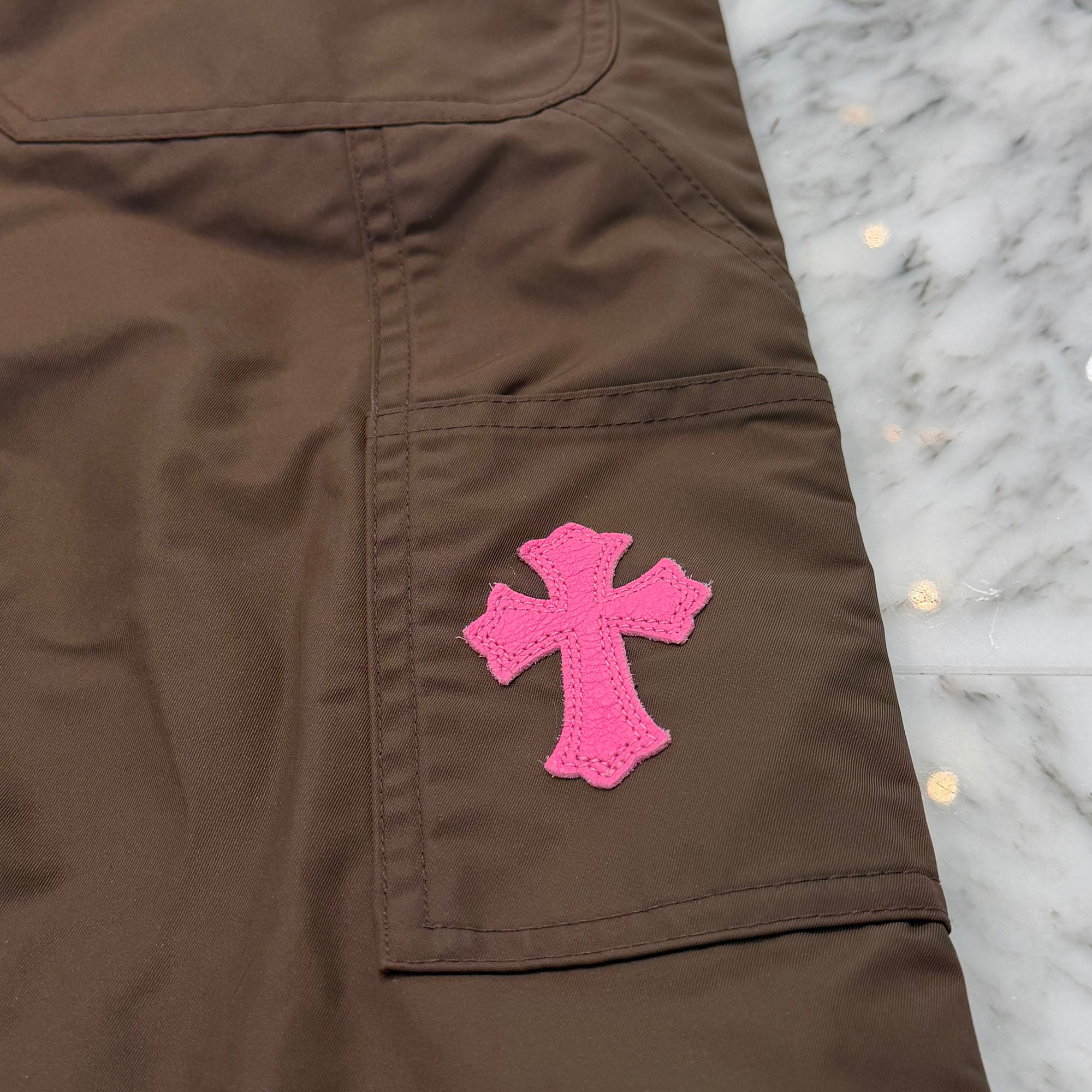 CHROME HEARTS Carpenter Leather Double Knee Nylon Pink Cross Patch Long Pants Size 30 クロムハーツ カーペンター レザーダブルニー ナイロン ピンク クロスパッチ ロングパンツ サイズ30