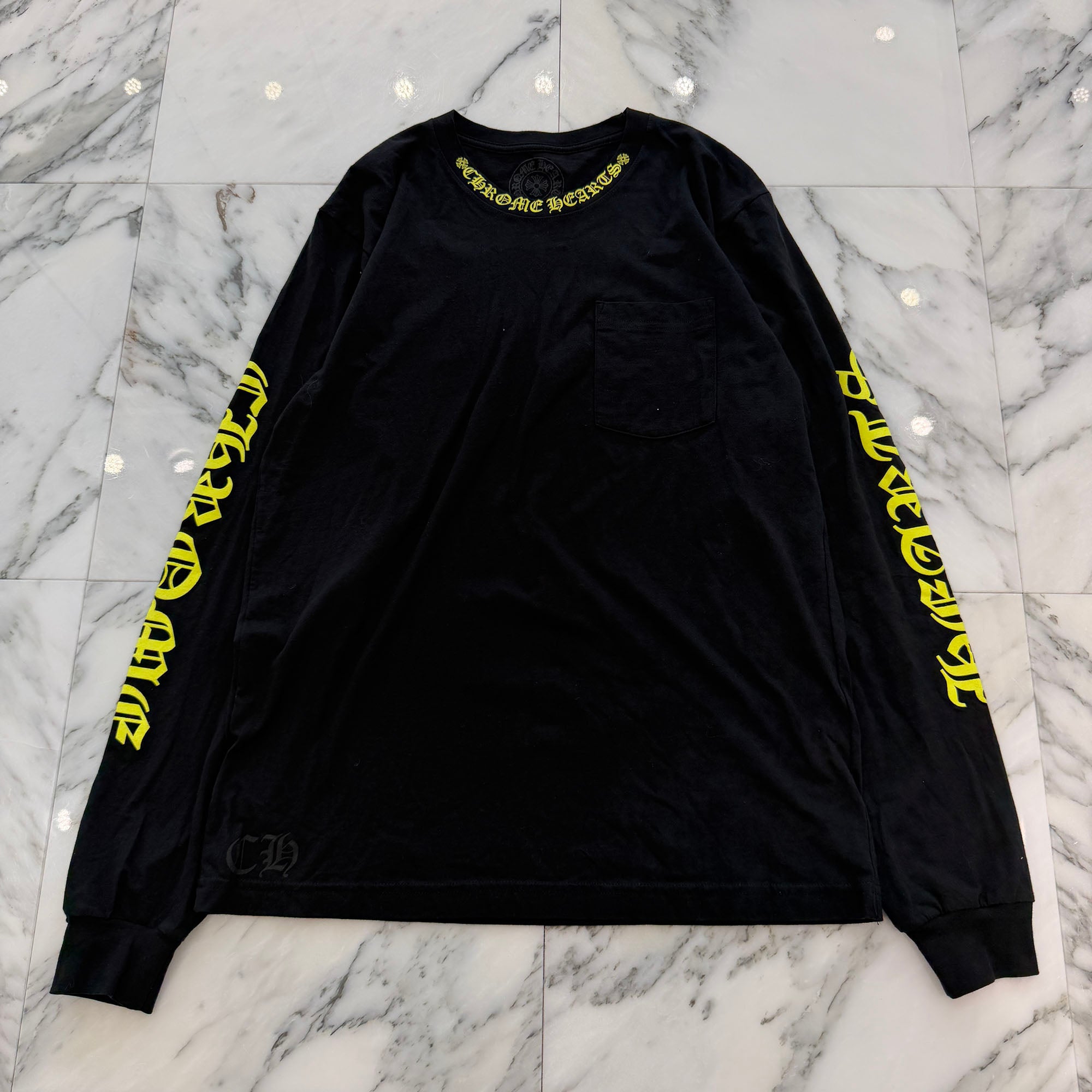 CHROME HEARTS Old English Neck Logo Neon Yellow Long Sleeve Tee Size L クロムハーツ オールドイングリッシュネックロゴネオンイエローロングスリーブTシャツ サイズL