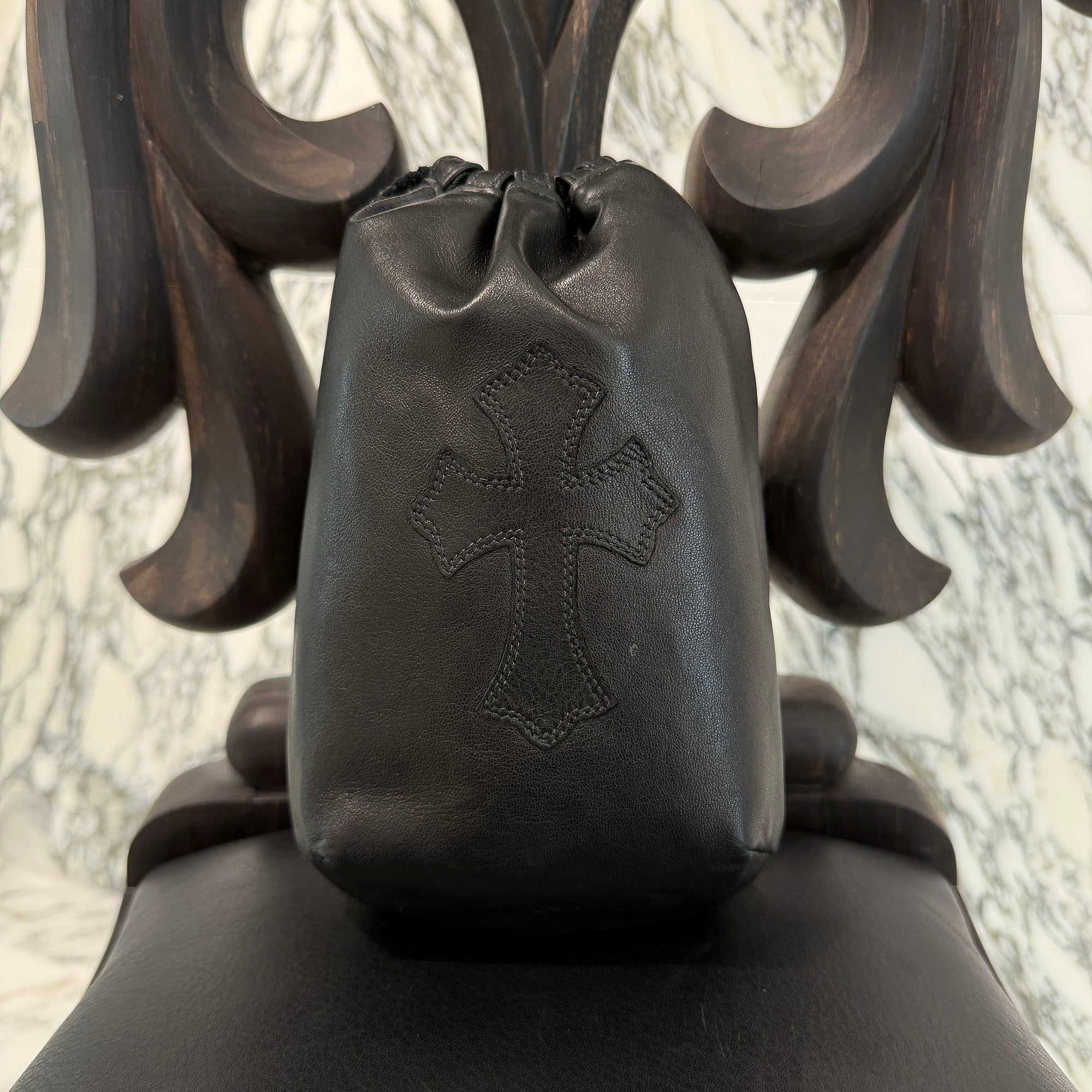CHROME HEARTS Leather Cross Patch Drawstring Sack Leather Bag クロムハーツ レザークロスパッチ ドローストリング サックレザーバッグ 巾着