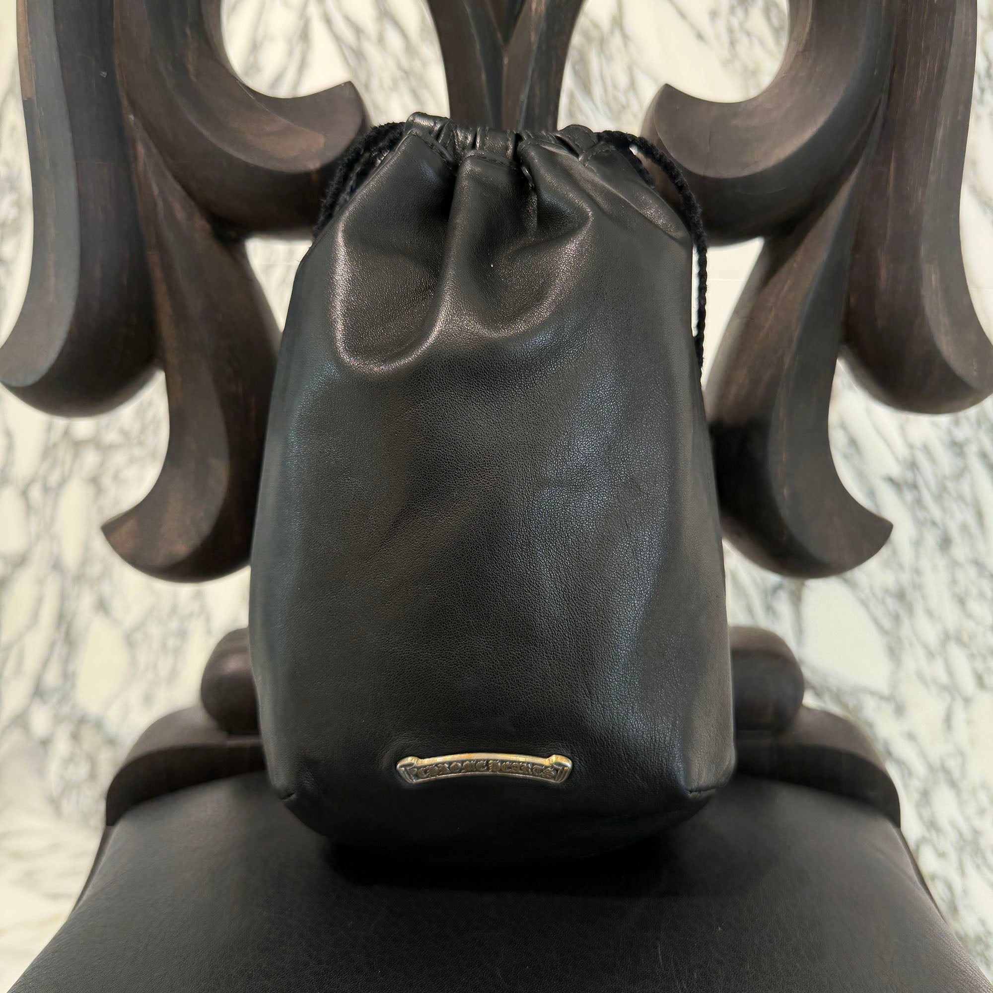 CHROME HEARTS Leather Cross Patch Drawstring Sack Leather Bag クロムハーツ レザークロスパッチ ドローストリング サックレザーバッグ 巾着