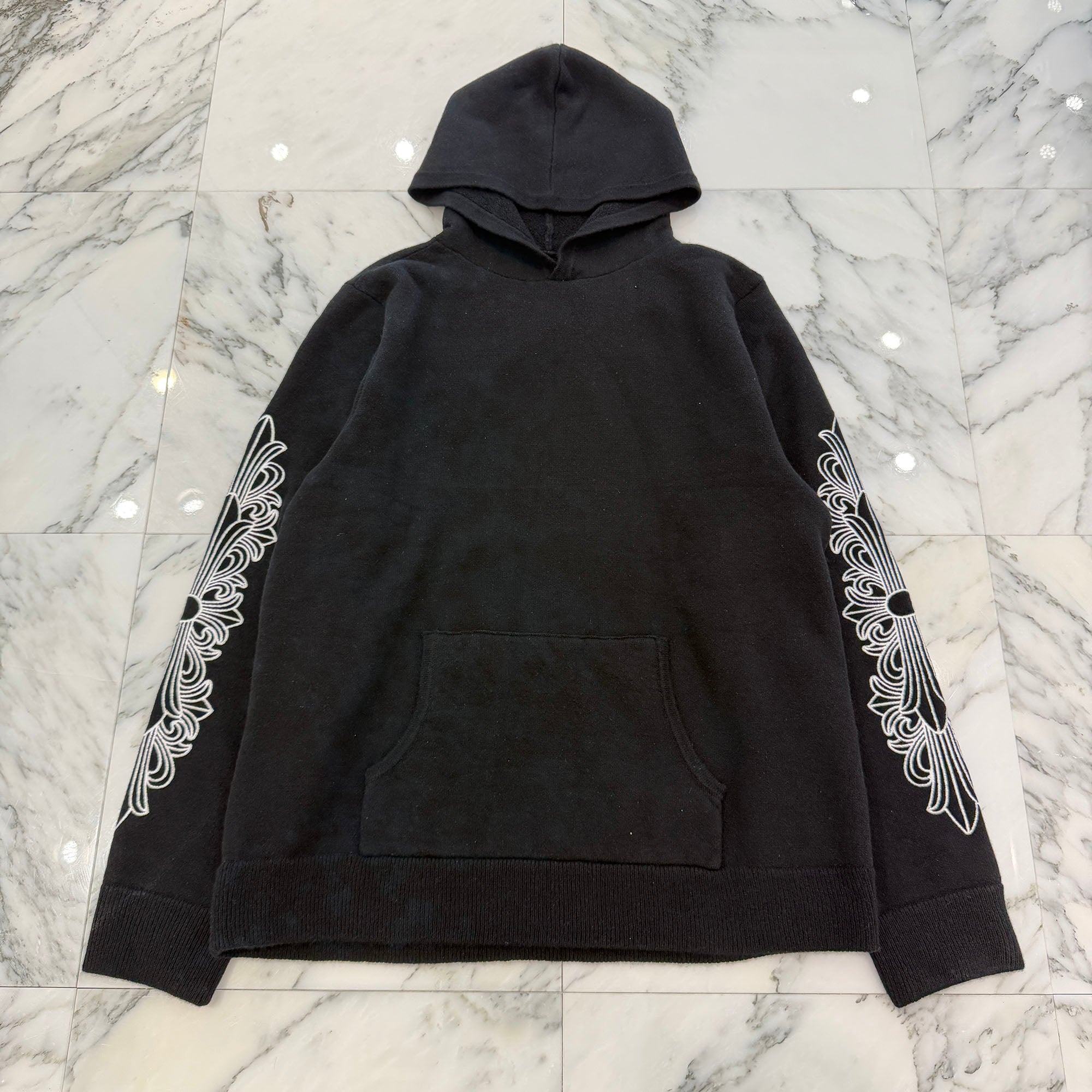 CHROME HEARTS Y NOT Floral Cross Embroidery Cashmere Knit Pullover Hoodie Size L クロムハーツ ワイノット フローラルクロス刺繍 カシミヤニット プルオーバーフーディ サイズL